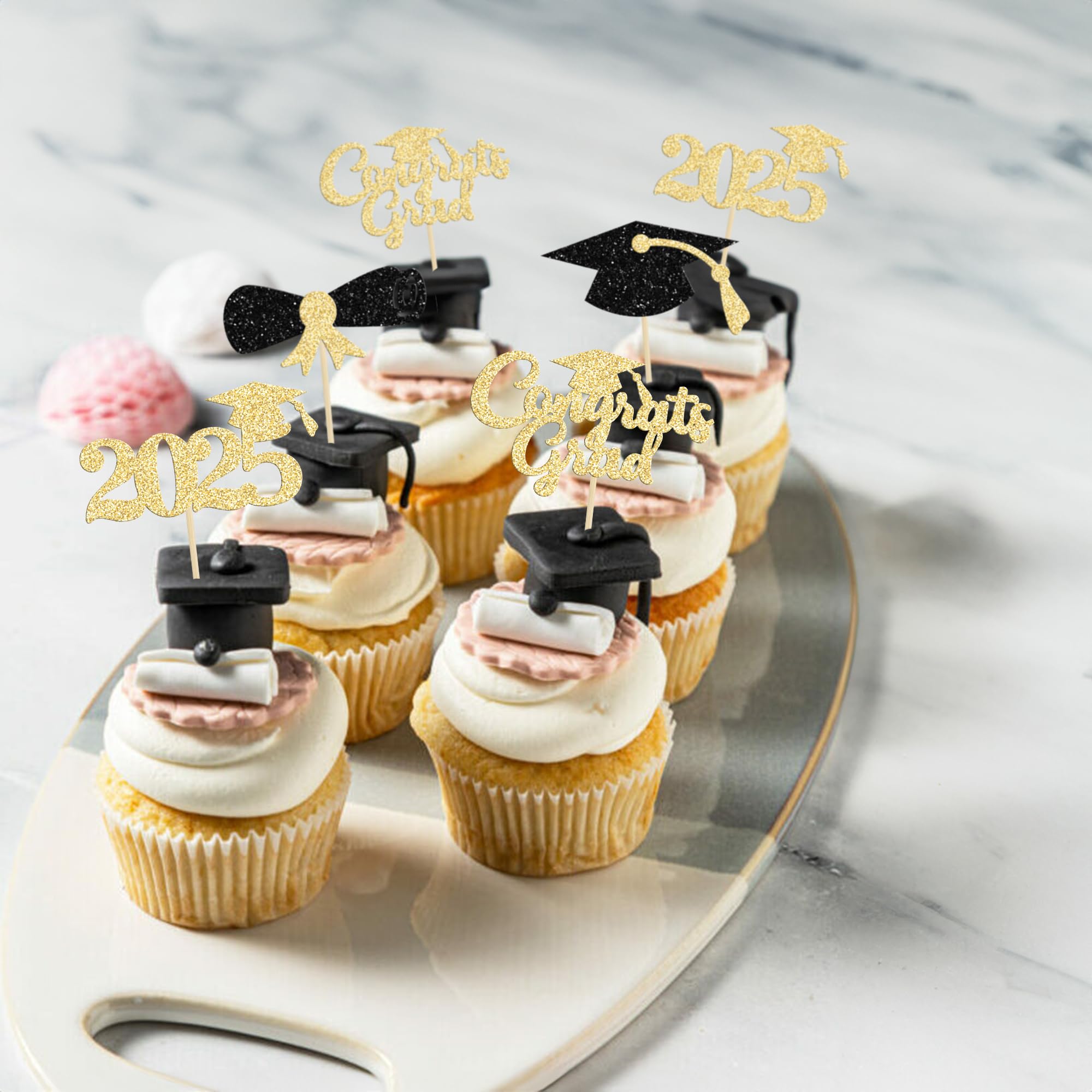 24Pcs 2025 Graduation Cupcake Toppers - Black Glitter Congrats Grad Decorations with Cap & Diploma Picks for Graduation Party, Cake Decor Supplies (Perfect for High School & College Graduation Celebrations)