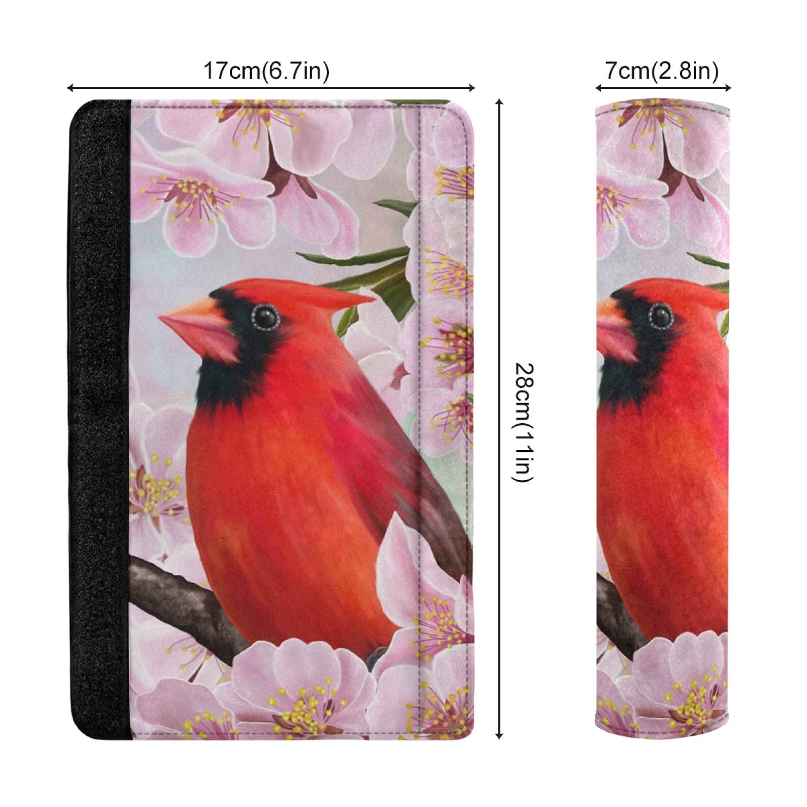 Red Cardinal Bird on Branch Almond Blossom Flowers - 2 Pack Adjustable Universal Car Seat Belt Pads Cover for Adults & Kids - Soft Shoulder Strap Cushions for Comfortable Driving, Road Trips & Daily Commute