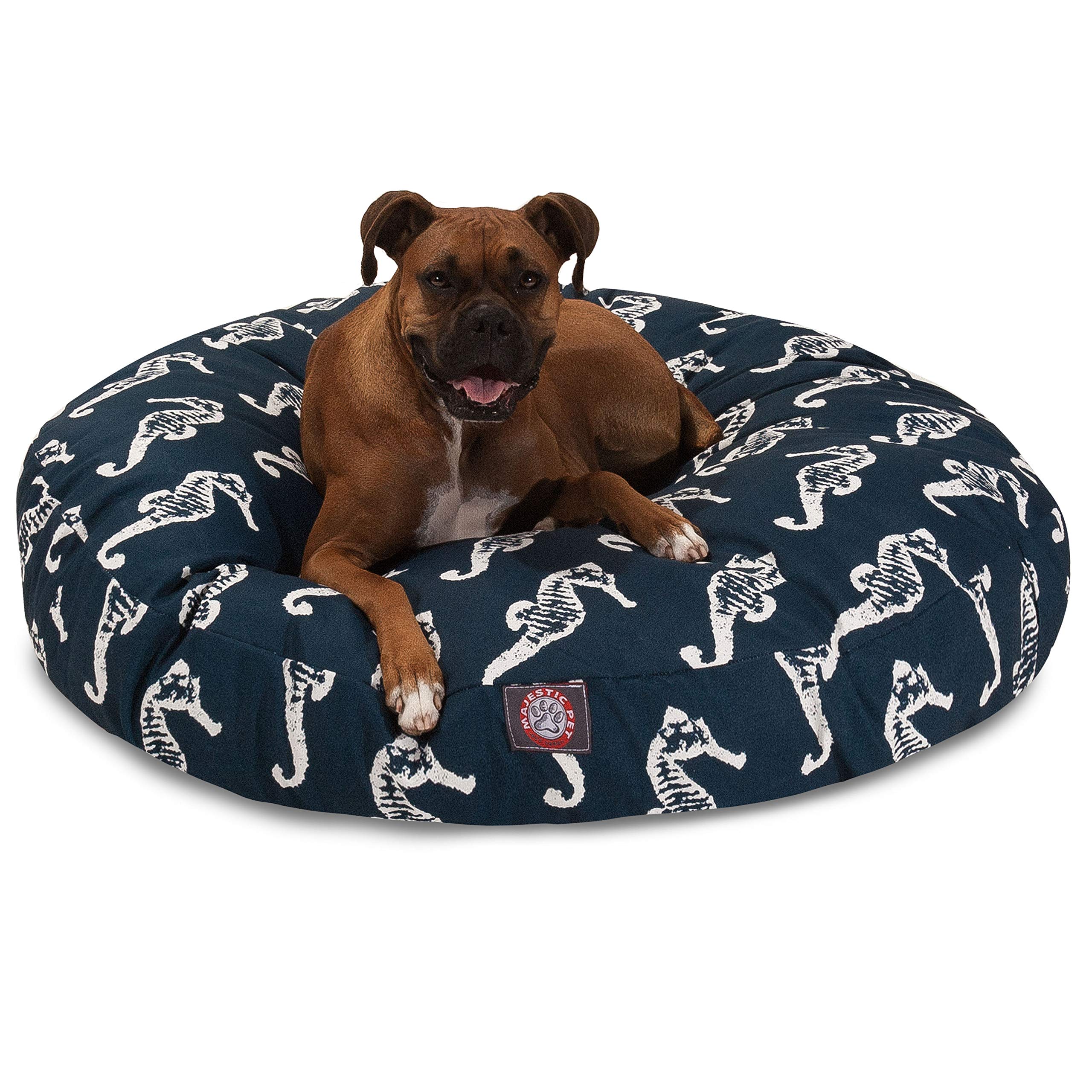 Majestic Pet Products Large Round Navy Sea Horse Dog Bed - Indoor & Outdoor Use, Removable Washable Cover - Perfect for Living Room, Patio or Kennel Comfort