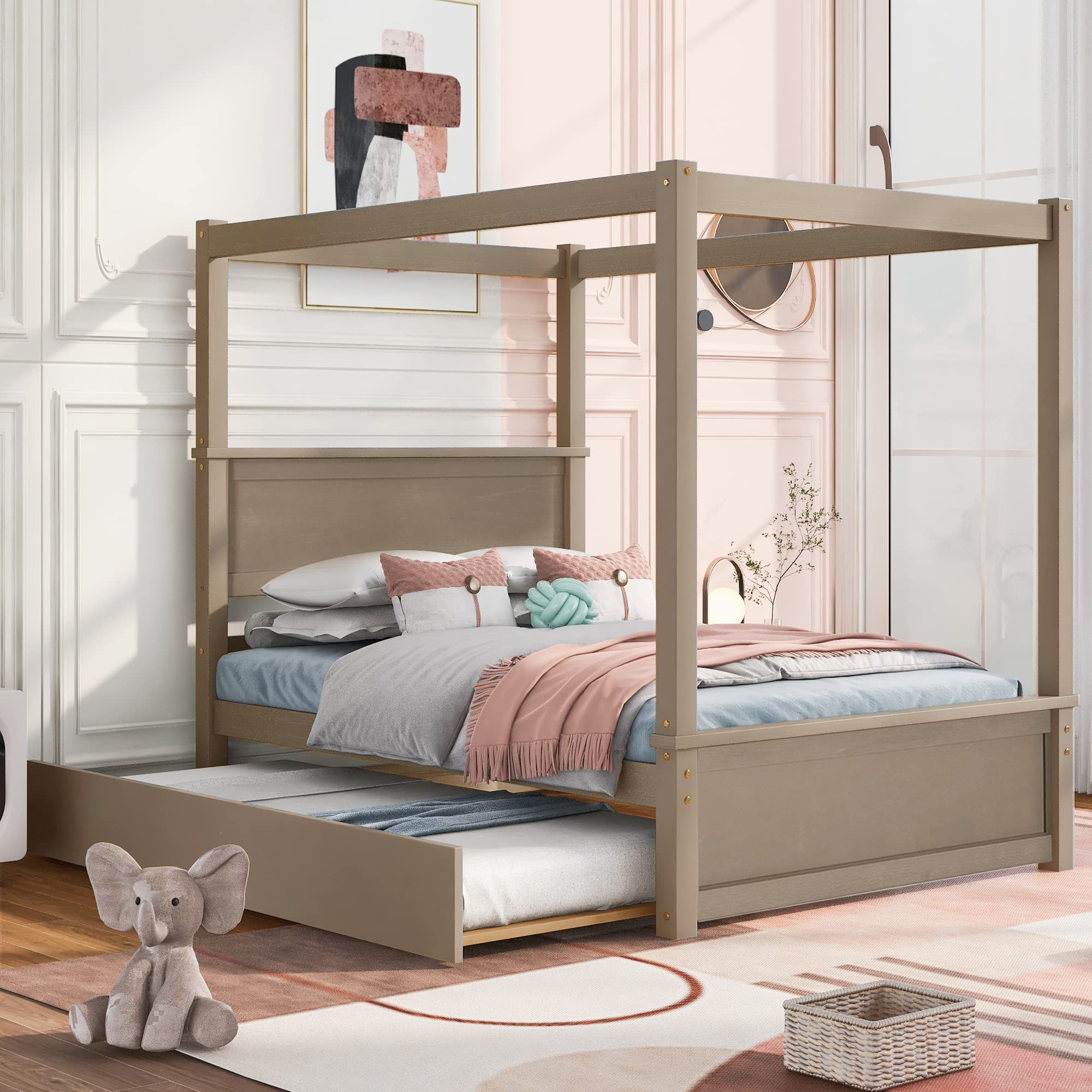 Modern Full Canopy Bed Frame with Trundle - Wood Poster Panel Platform Bed with Headboard in Light Brown - Perfect for Guest Rooms, Kids' Bedrooms & Cozy Bedroom Retreats
