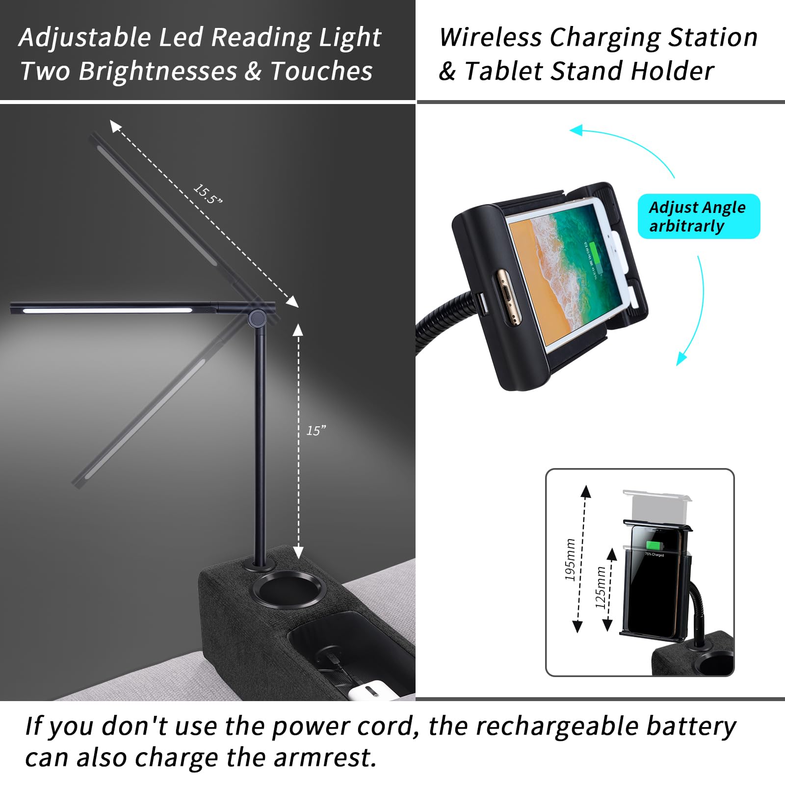 Multifunctional Sofa Armrest with Wireless Charger & Storage | Removable Couch Caddy with LED Reading Light | Perfect for Living Room, Bedroom & Office Use