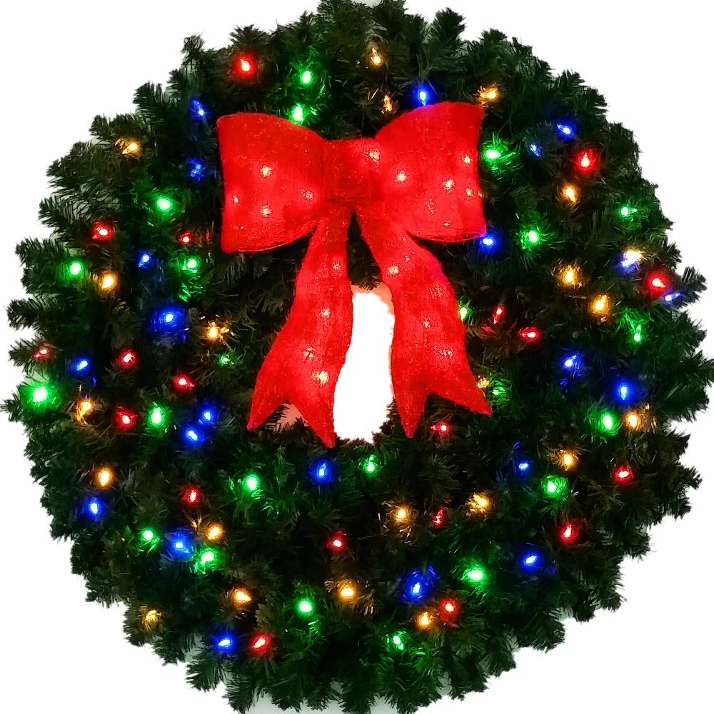 3 Foot Multi-Color LED Christmas Wreath with Pre-lit Red Bow - 36 Inch Holiday Decor with 150 LED Lights - Commercial Grade Indoor/Outdoor Wreath for Door, Window, Porch, Fireplace & Holiday Party Decorations