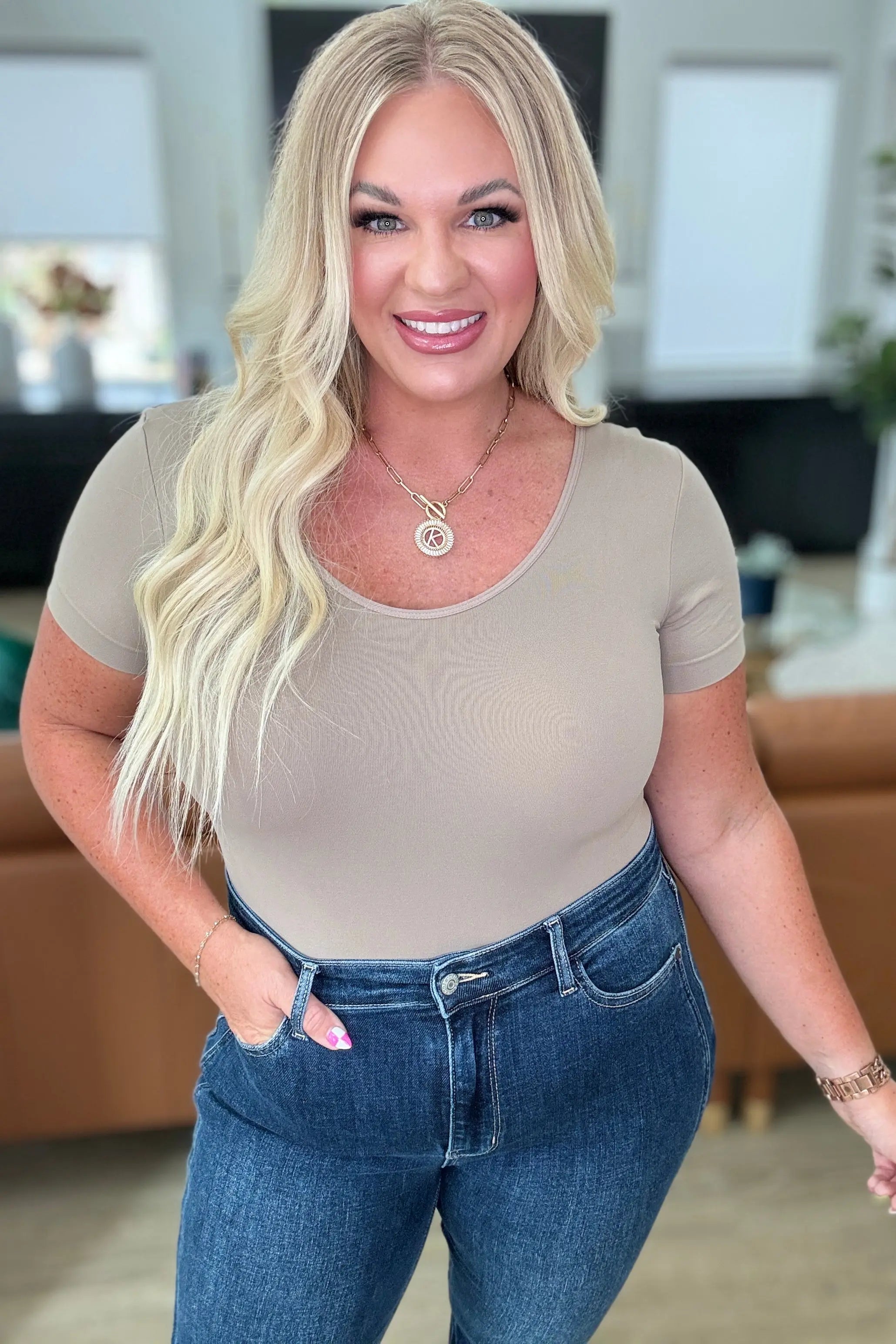 Women's Light Mocha Scoop Neck Short Sleeve Bodysuit - Soft Stretchy Everyday Basic Top for Layering, Casual Wear & Work Outfits