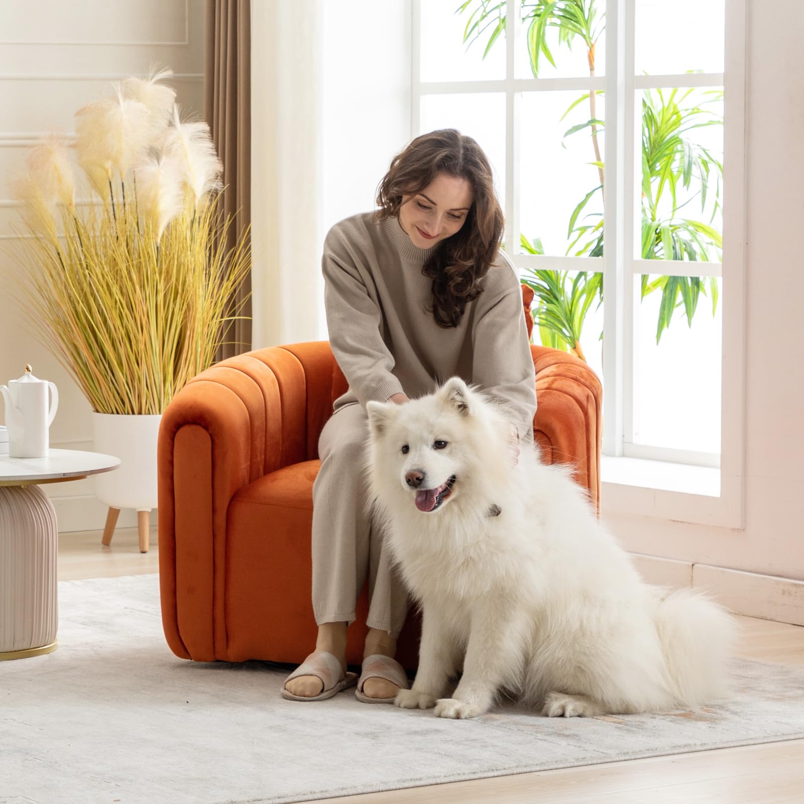 360-Degree Swivel Accent Chair for Living Room - Round Barrel Armchair with Pumpkin Shape, Single Club Sofa for Bedroom, Apartment & Office - Orange | Perfect for Reading Nook, Lounge Area & Small Spaces