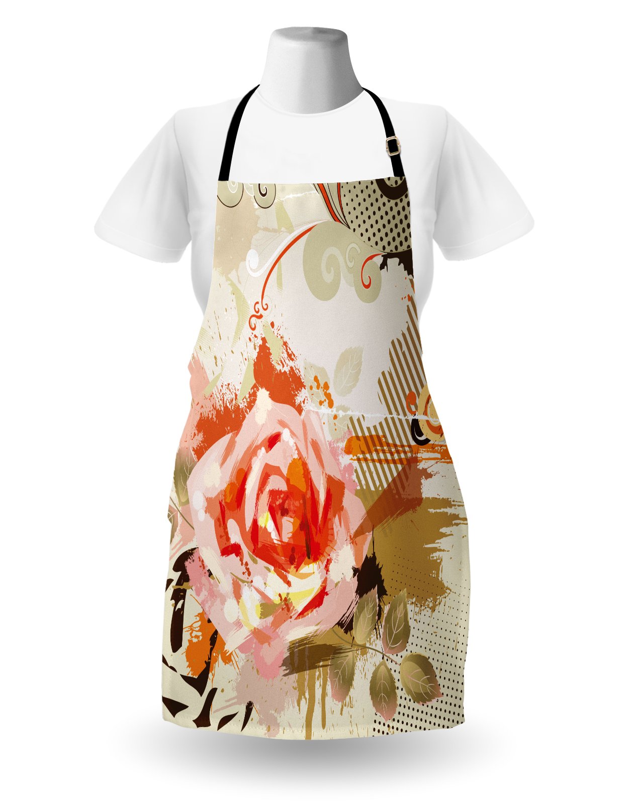 Ambesonne Unisex Kitchen Apron - Adjustable Bib Apron with Abstract Rose & Floral Retro Design for Cooking, Baking, Gardening | Khaki Orange Pink Pattern | Perfect for Home Chefs, BBQ Parties & Crafting