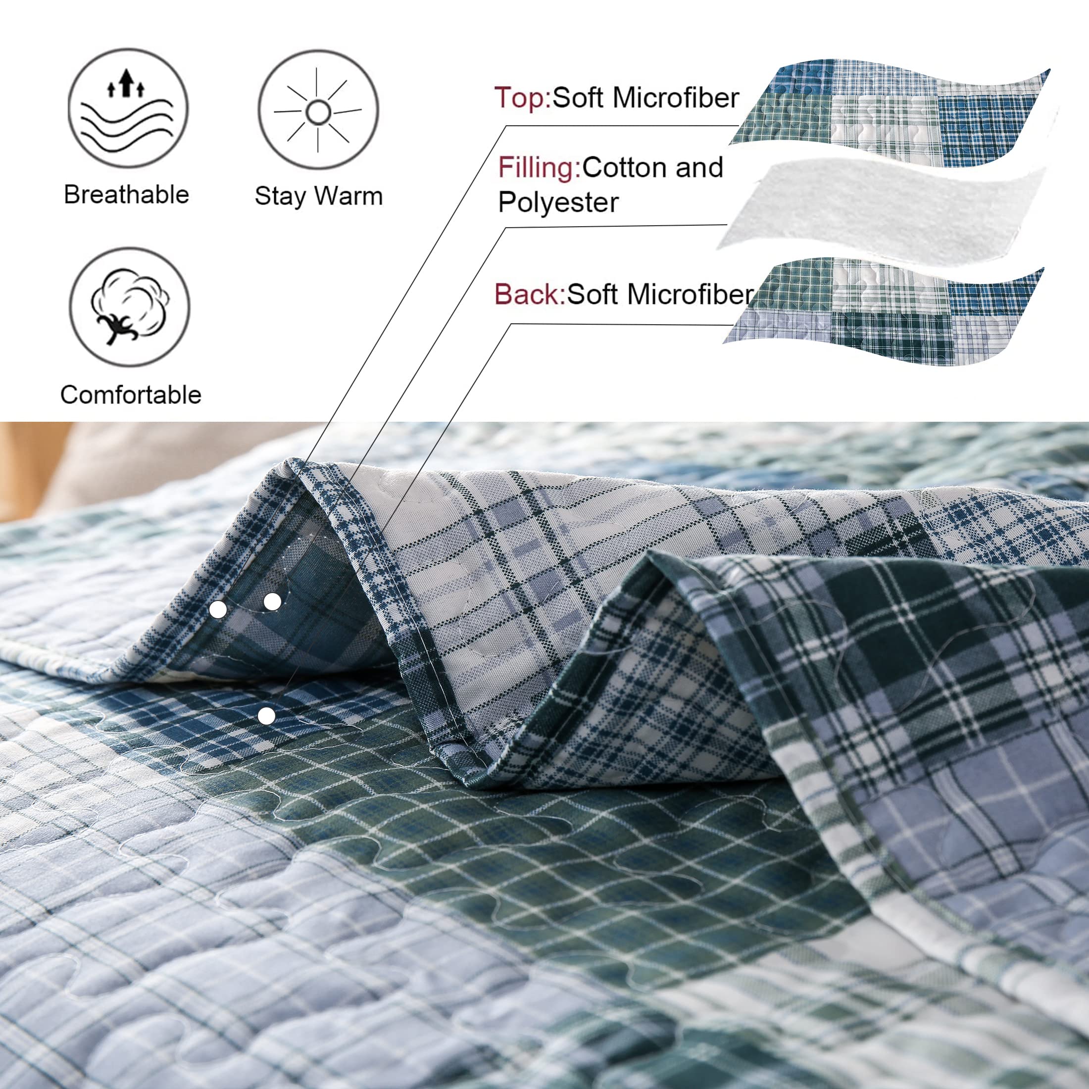 Queen Size Reversible Plaid Quilt Set - Lightweight Soft Patchwork Bedspread Coverlet with 2 Pillow Shams | Modern Home Bedding for Men & Boys | Cozy Bedroom Decor for All Seasons