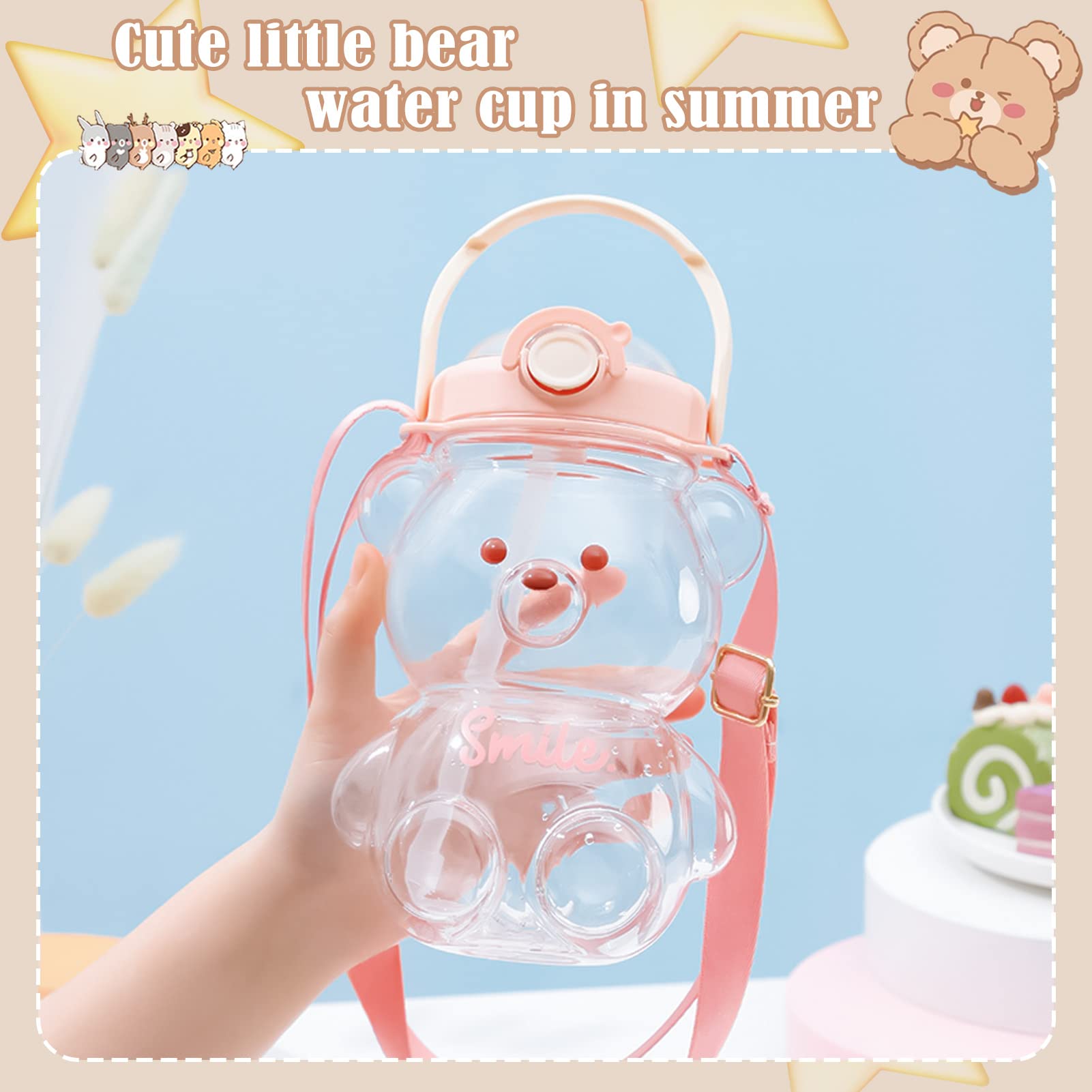 **Kawaii Bear Water Bottle with Straw & Strap - Cute BPA-Free Leakproof Drinking Cup for Kids, Girls & Women - Ideal for Sports, Camping, Picnic, Hiking & Travel (Pink)**