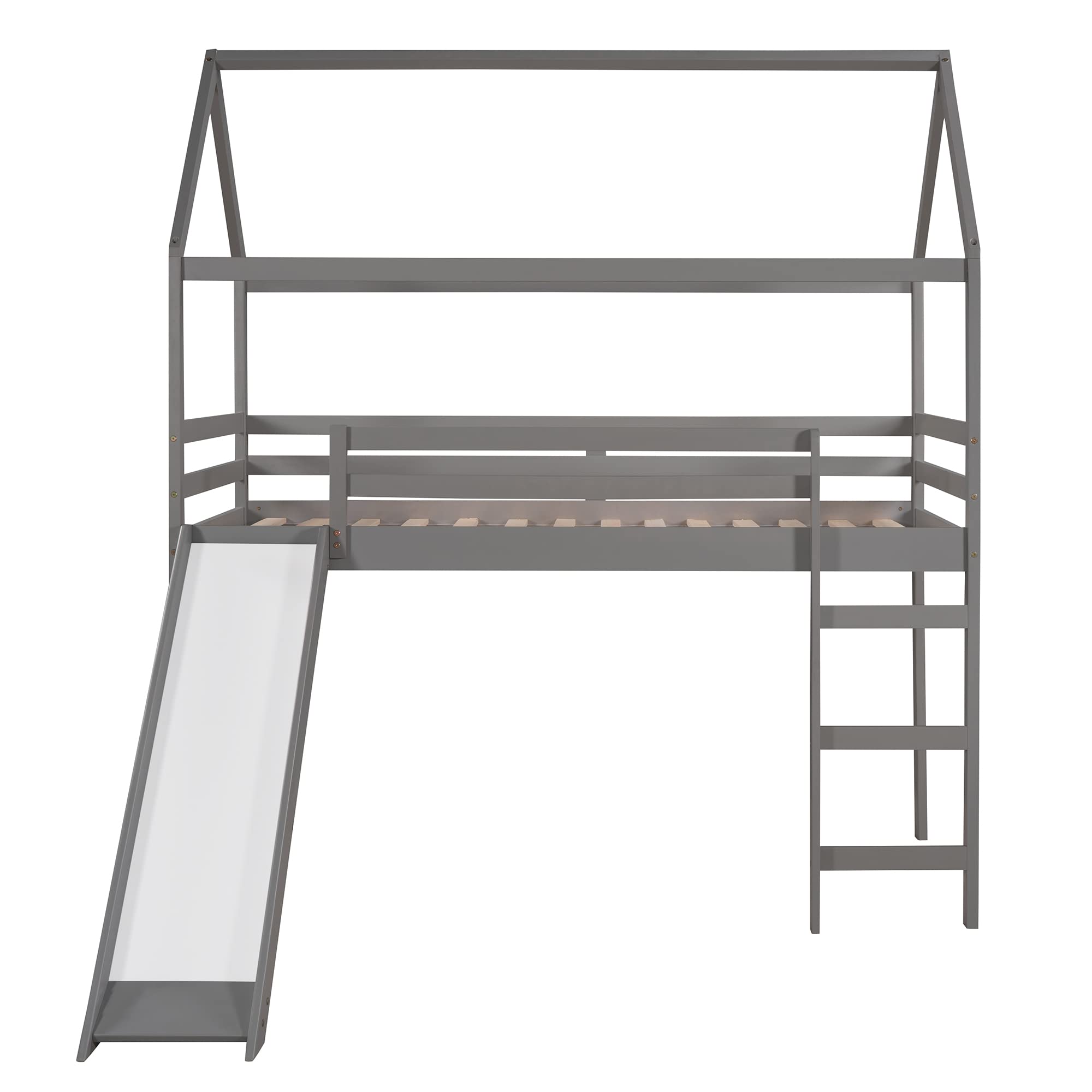 Bellemave Twin Loft Bed with Slide - Kids Wooden House Bed with Ladder & Guardrails - Space-Saving Grey Loft Bed for Small Rooms - Perfect for Kids' Bedroom, Playroom or Dormitory