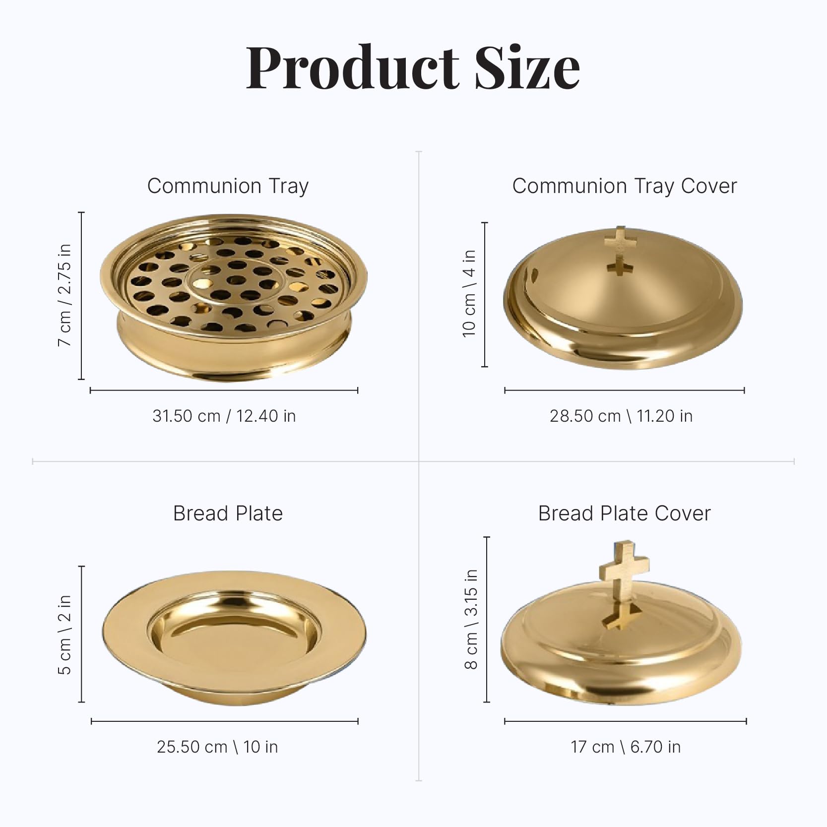Stainless Steel Communion Serving Set - 5 Holy Wine Trays with Lid & 3 Stacking Bread Plates - Brass Gold Finish for Church Eucharist Ceremony & Religious Events