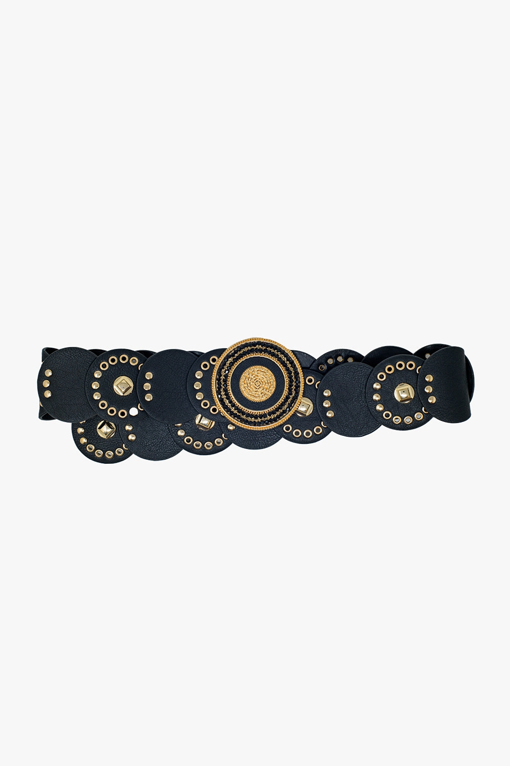Black Leather Belt with Round Black Rhinestone Buckle & Gold Accents - Elegant Waistband for Women's Dresses, Pants & Office Wear