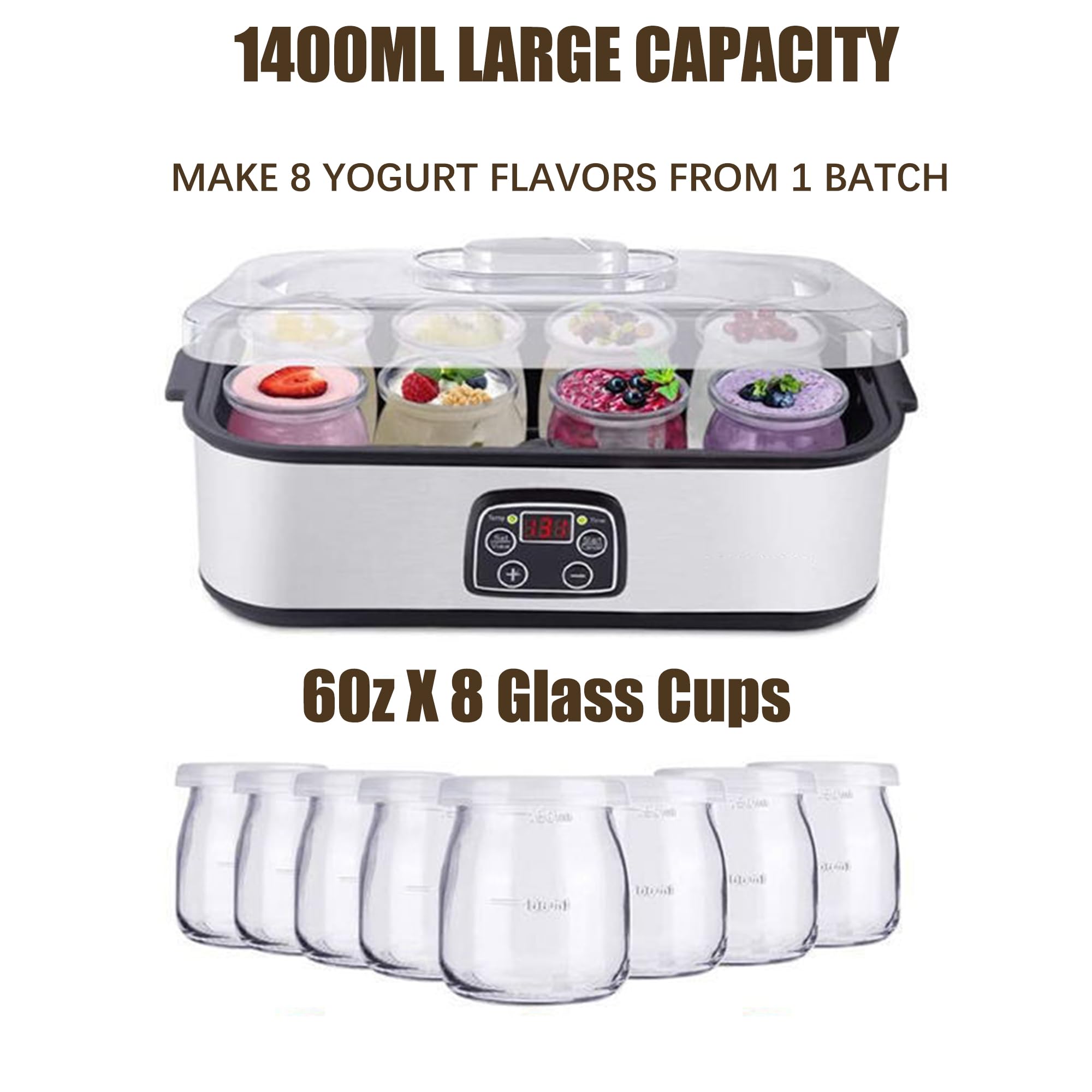 Probiotic Yogurt Maker with Adjustable Temperature Control - 1400ML Electric Yogurt Machine with 8 Lids for Homemade Yogurt, Kefir & Dairy-Free Alternatives | Perfect for Healthy Breakfast, Snacks & Gut Health Recipes