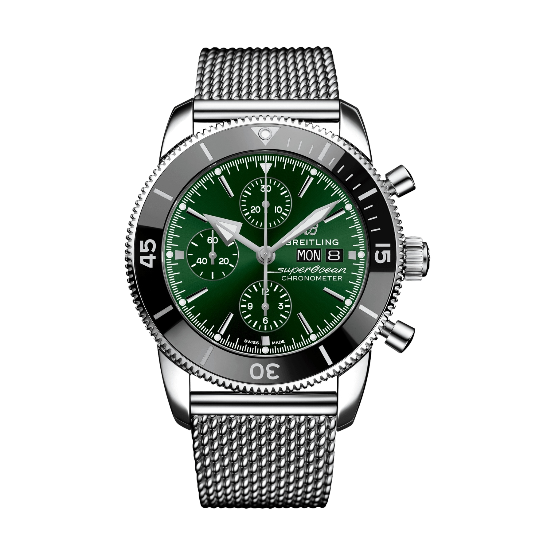 Superocean Heritage Chronograph 44mm Green Dial Men's Watch with Stainless Steel Bracelet - Perfect for Diving, Water Sports & Luxury Fashion Accessories