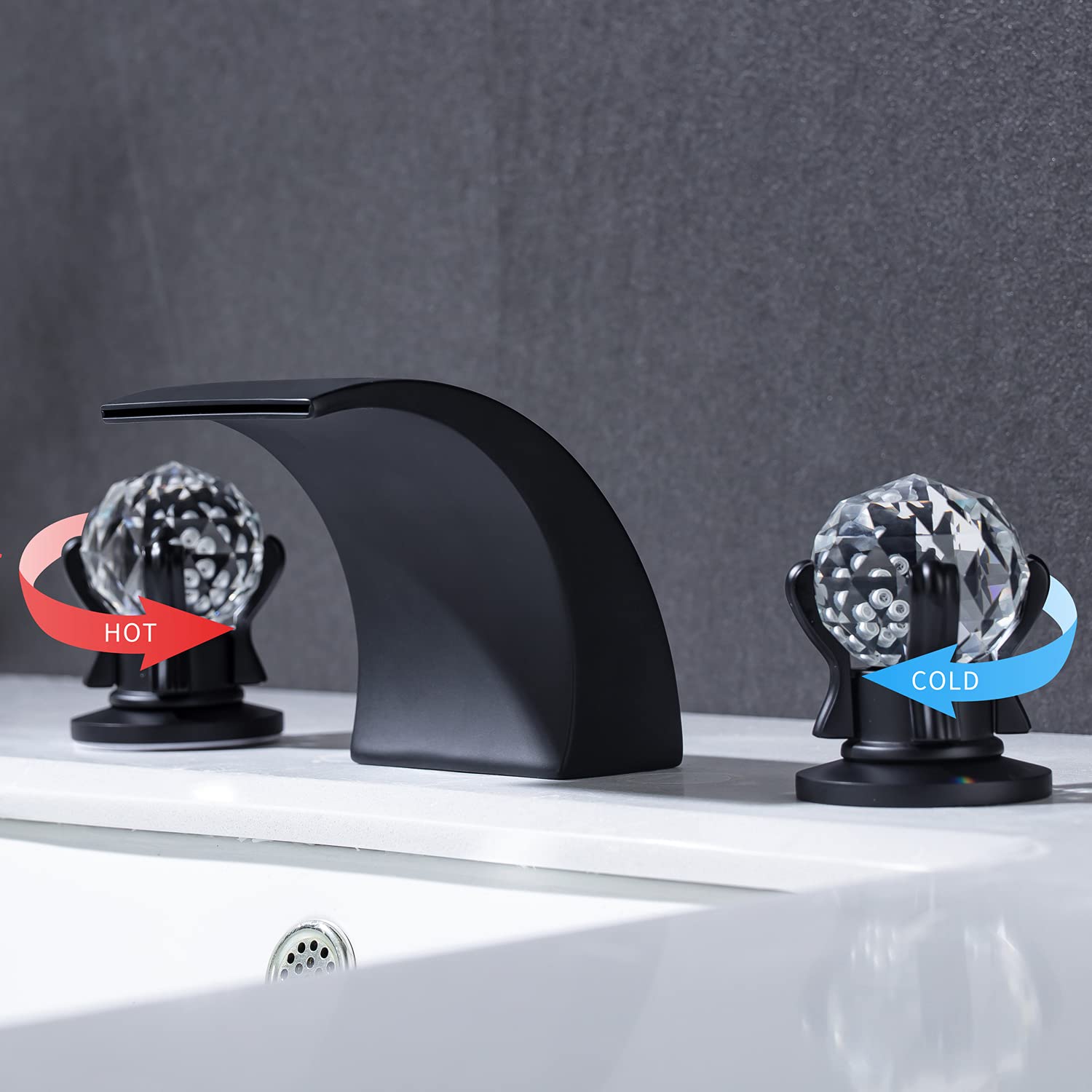 3 Hole 2 Handle Widespread LED Waterfall Bathroom Sink Faucet with Dual Crystal Handles - 8 Inch Matte Black Basin Mixer Tap with Supply Hose - Perfect for Modern Vanities & Luxury Bathroom Renovations