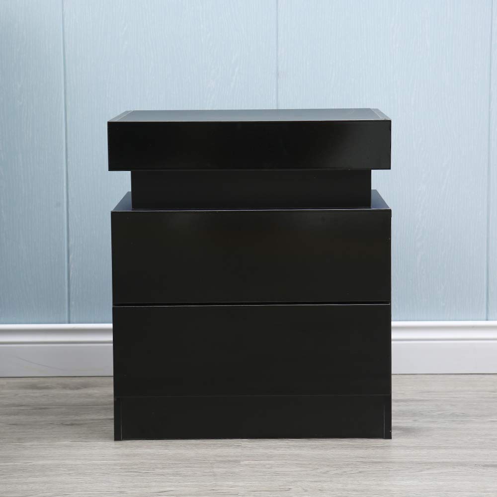 Modern LED Nightstand with 2 Glossy Drawers - Colorful LED Light, High Gloss Finish Bedside Table for Bedroom Storage | Perfect for Small Spaces, Dorm Rooms & Apartment Living (Black)