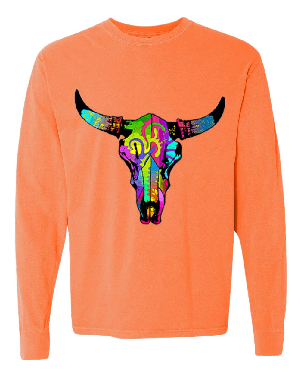 Vintage Rainbow Cow Skull Graphic Long Sleeve T-Shirt | Soft Washed Cotton Tee for Men & Women | Perfect for Music Festivals, Western Parties & Animal Lover Outfits