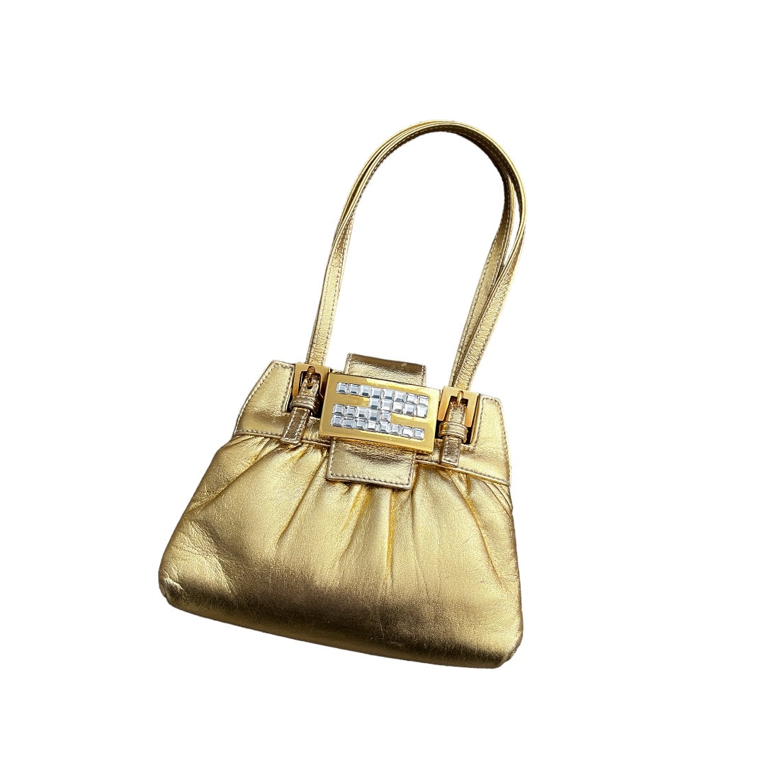 Vintage FENDI Golden Leather Handbag for Women - Luxury Designer Crossbody Purse with Chain Strap - Perfect for Parties, Date Nights & Special Occasions