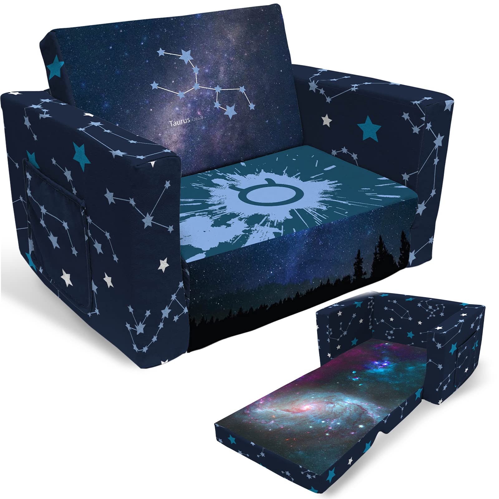 Zodiac Sign Kids Sofa - 2-in-1 Convertible Toddler Couch & Lounger with Starry Sky Design, Flip Out Chair & Sleeper for Boys Girls - Perfect for Nursery, Playroom & Birthday Gifts (Aries, Taurus, Gemini etc.)