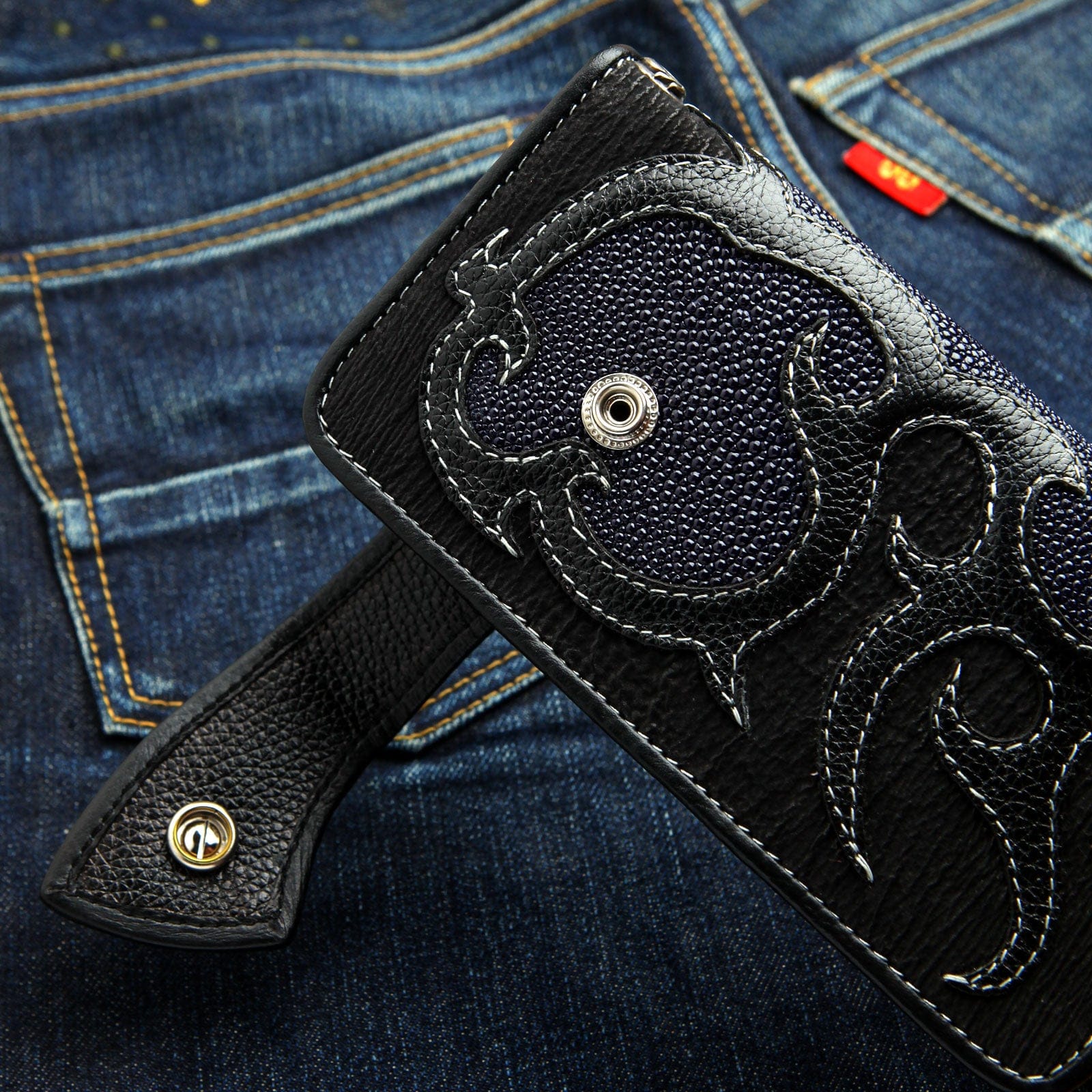 Genuine Navy Blue Stingray Leather Skull Men's Biker Wallet - RFID Blocking Slim Bifold Wallet for Motorcycle Riders & Everyday Carry (Perfect Gift for Bikers)