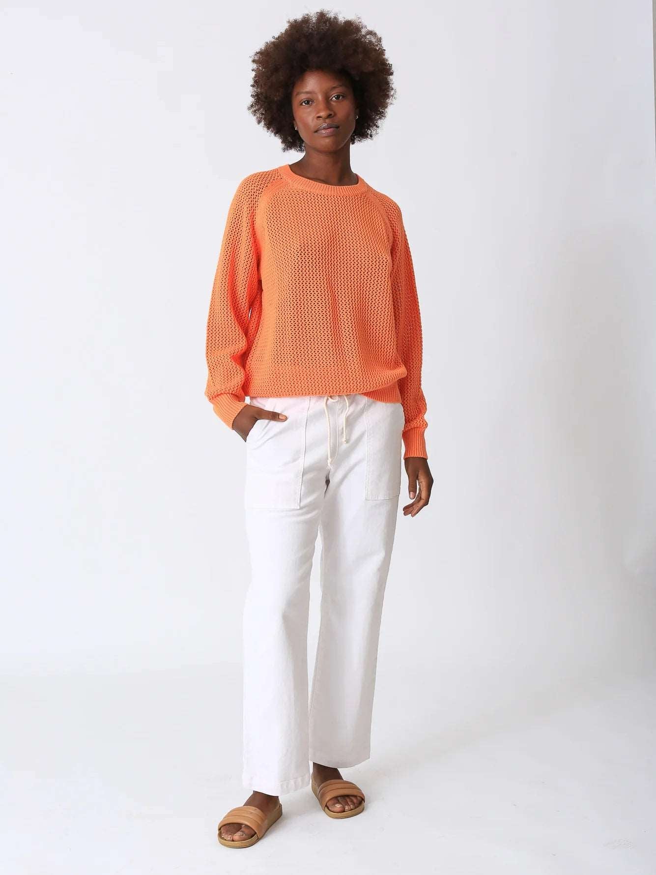Electric & Rose Women's Chloe Open Knit Long Sleeve Sweater - Tangerine Orange | Cozy Fall & Winter Fashion | Perfect for Casual Outings & Office Wear