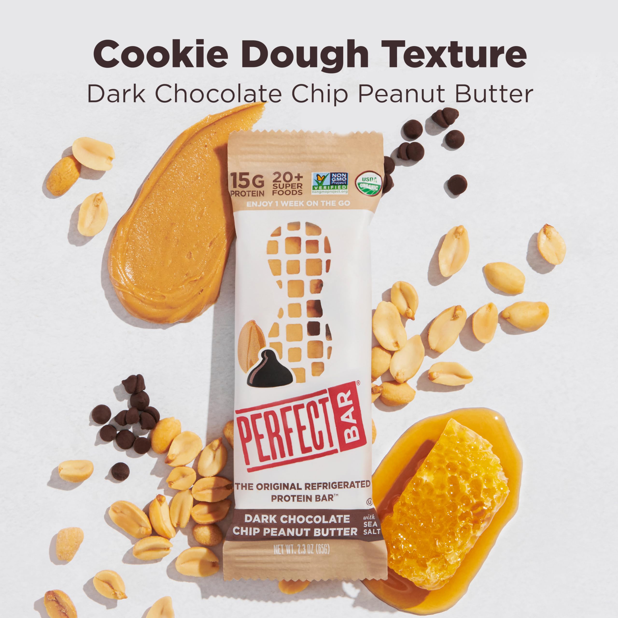 Perfect Bar Dark Chocolate Chip Peanut Butter Protein Bar - High Protein, Organic, Gluten Free, Soy Free, Non GMO, No Sugar Alcohols, 2.3oz (10 Count) - Healthy Snack for Workouts, Hiking & On-the-Go Nutrition