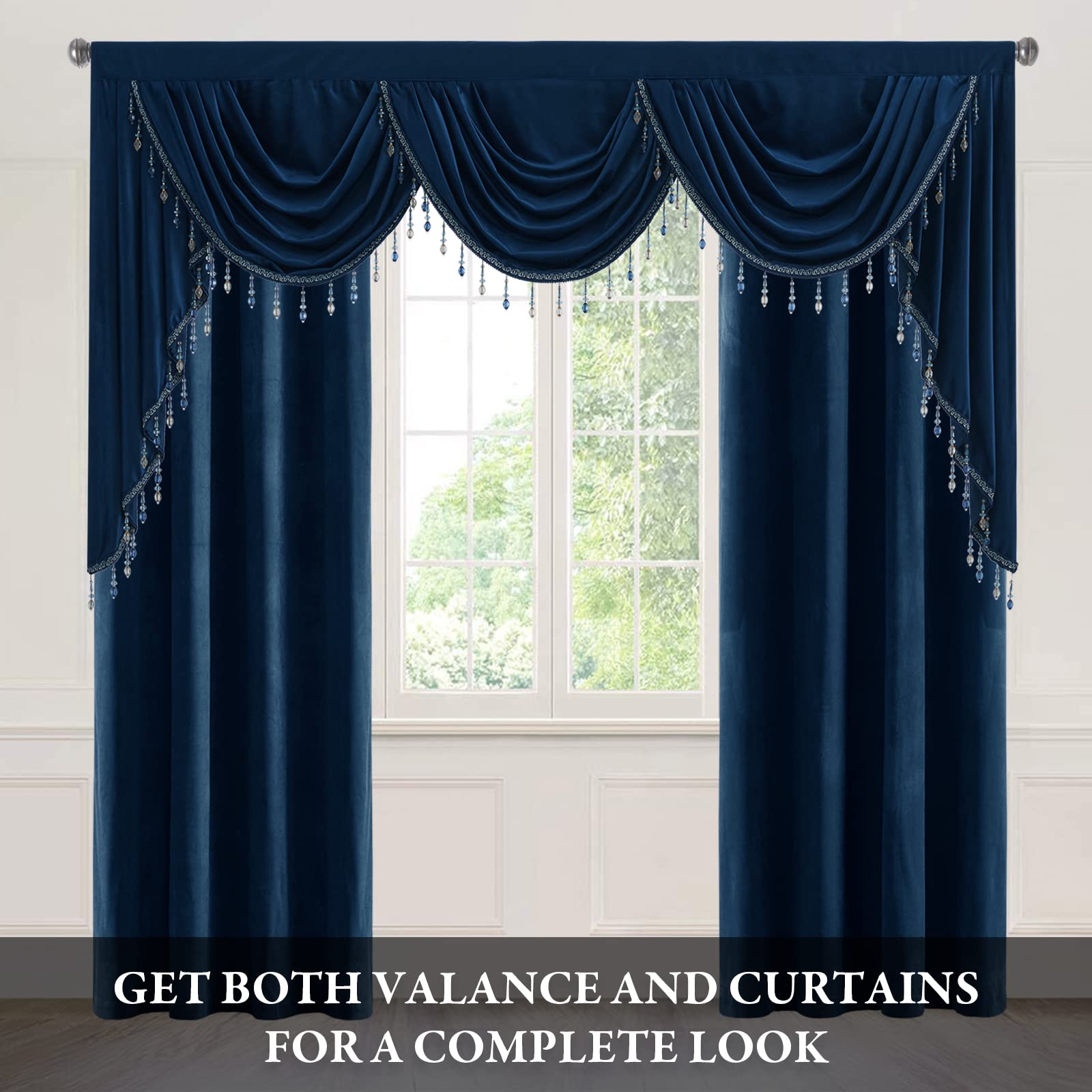 Luxury Thick Velvet Waterfall Valance Curtains - Navy Blue Rod Pocket Swag Valance with Beads (79