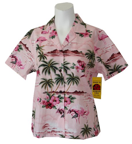 RJC Women's Flamingo Island Hawaiian Camp Shirt - Blue XL Size - Tropical Vacation Shirt for Beach Party, Summer Outing & Casual Wear