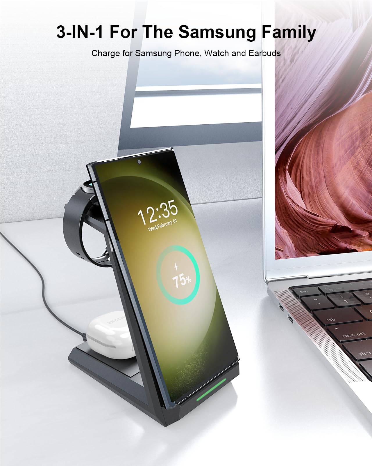 NANAMI 3-in-1 Wireless Charging Station for Samsung Galaxy S25 Ultra/S24/S23/Z Fold/Flip 5, Fast Qi-Certified Charger Stand for Phone, Galaxy Buds & Watch 7/6 - Perfect for Bedside, Office & Travel Use