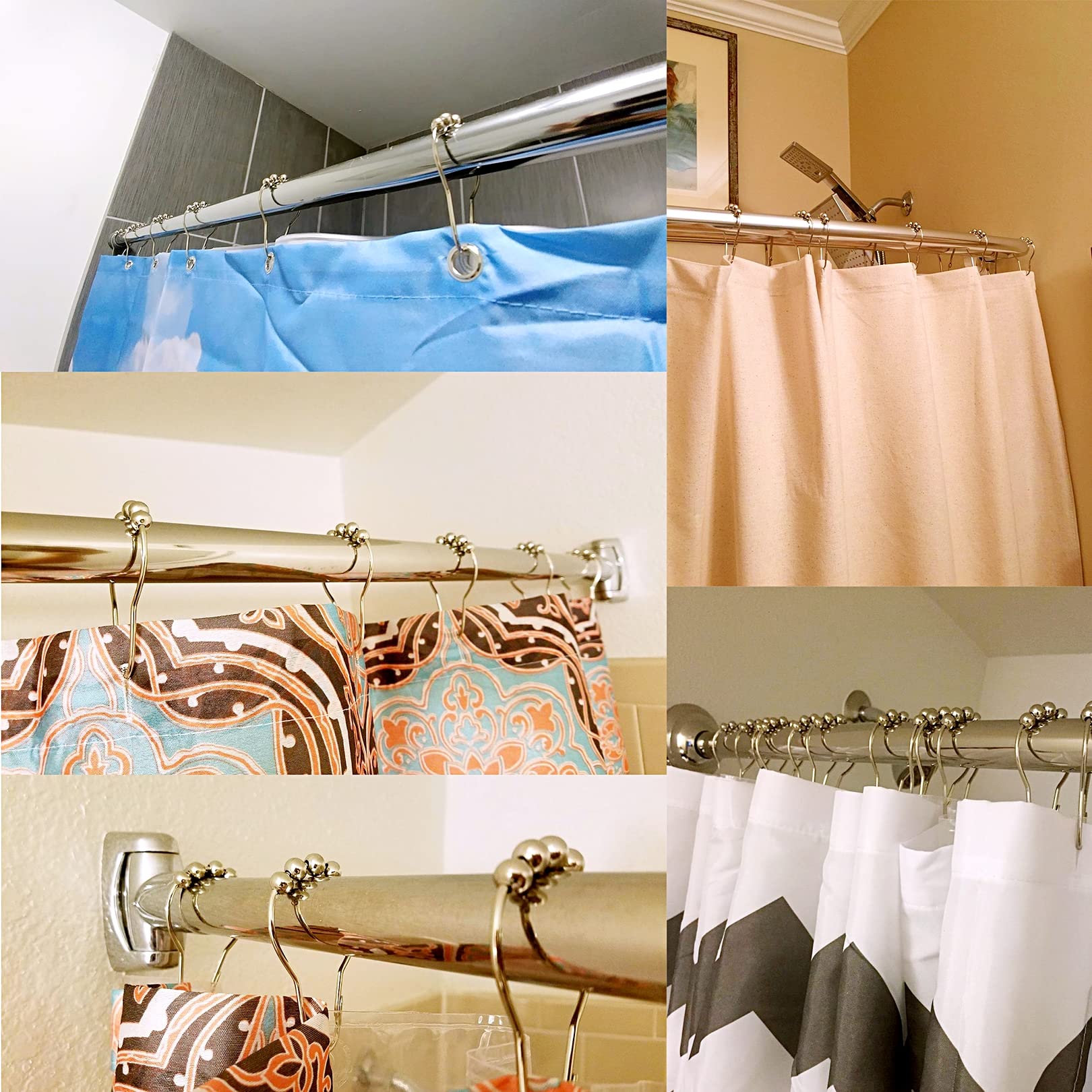 Uigos Rust-Resistant Shower Curtain Hooks & Rings - 12 Pack Chrome Finish for Bathroom Shower Rods | Durable Metal Hooks for Bathtub, Shower Stall & Spa Decor