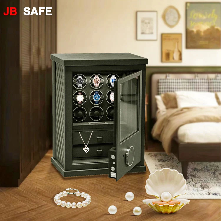Premium JB Watch Winder & Jewelry Safe with 3 Drawers & 6 Watch Winders - Automatic Watch Storage & Jewelry Organizer for Luxury Watches & Accessories - Perfect for Home, Office & Travel Use