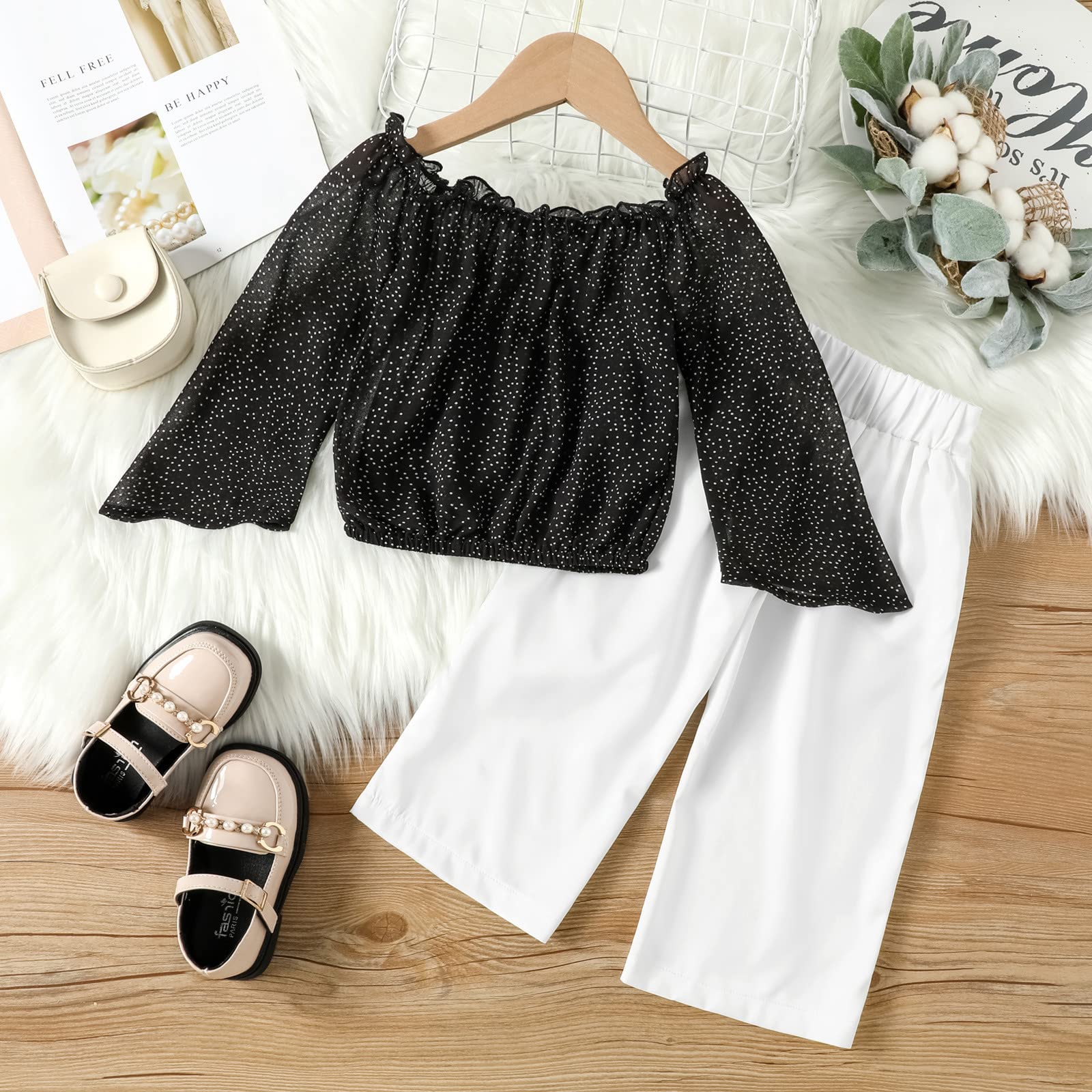 Toddler Girls Long Sleeve Chiffon Dot Off Shoulder Top & Pants Outfit Set - Cute Baby Clothes for 1-3 Year Olds - Perfect for Birthday Parties, Photo Shoots & Special Occasions