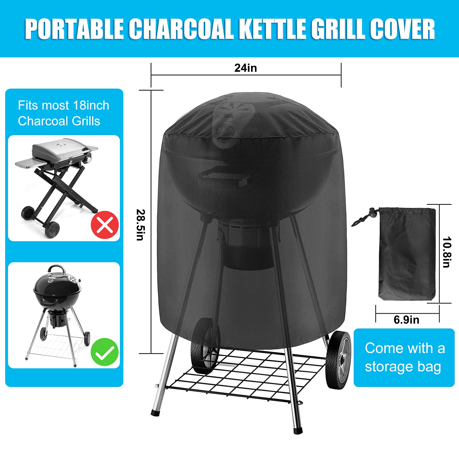 Premium 420D Heavy Duty Waterproof BBQ Grill Cover for Weber Charcoal Kettle - 24