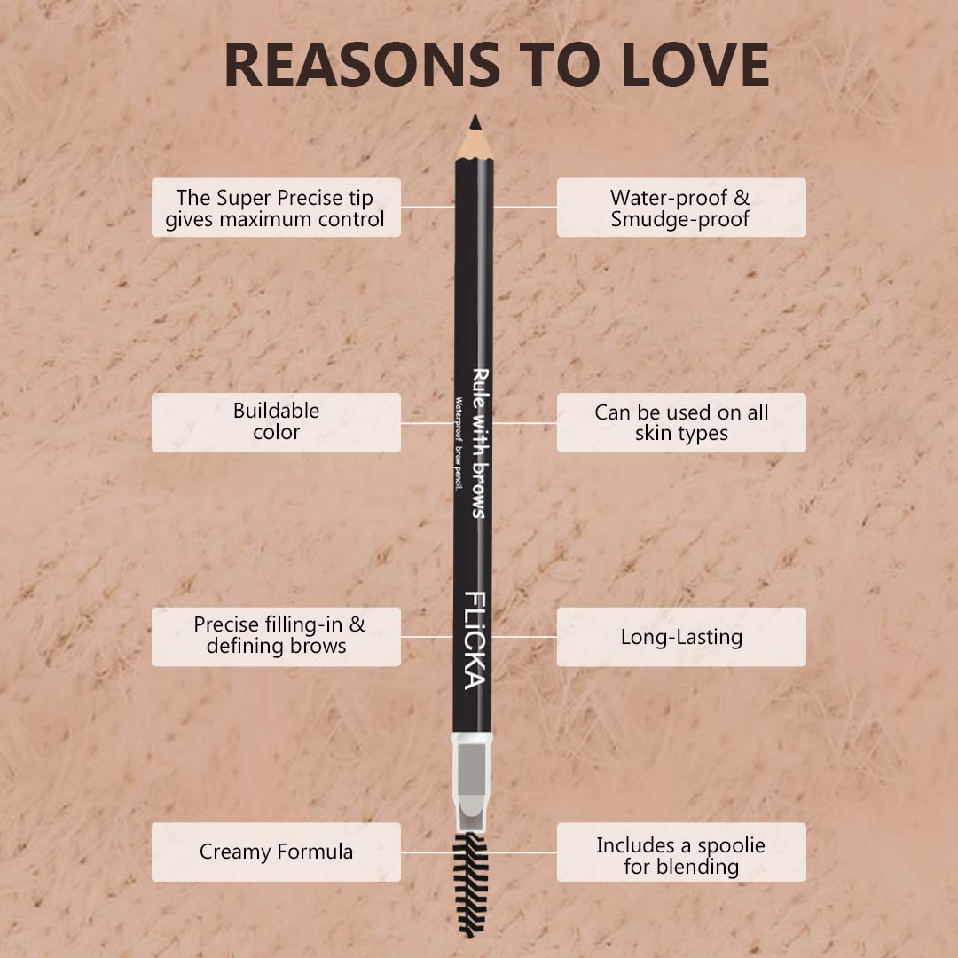 FLiCCA Eyebrow Pencil with Spoolie - Long-lasting Natural Brows for Daily Makeup