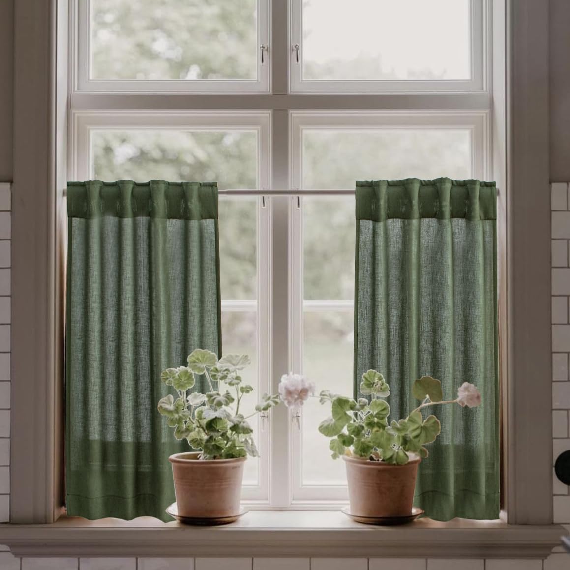 Olive Green Small Linen Kitchen Curtains - 24 Inch Length, 2 Panels, Back Tab Pocket, Light Filtering Semi Sheer - Perfect for Farmhouse, Bathroom, RV, Camper & Cabinet Windows (Ideal for Half Windows & Natural Light Control)