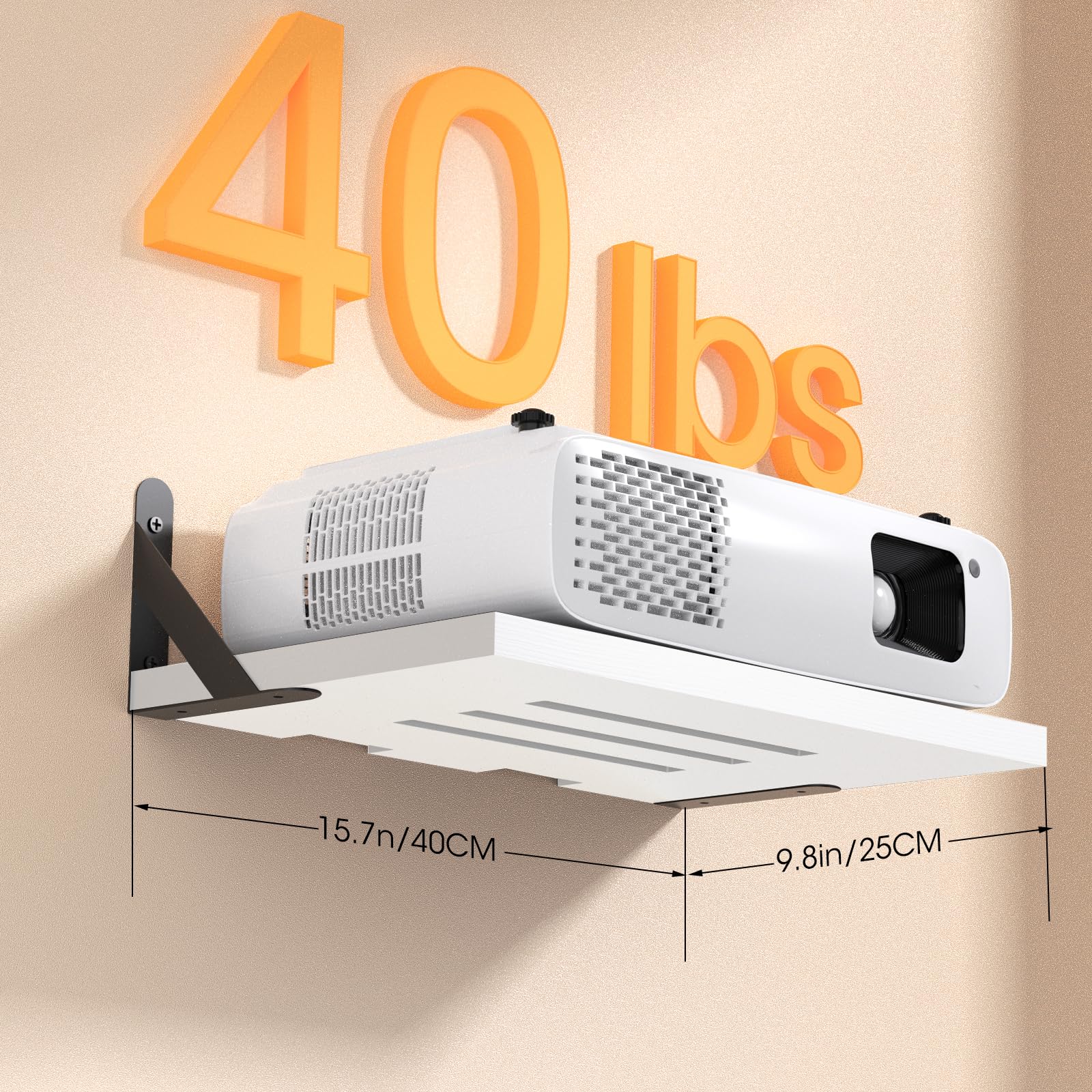 **White Floating Wall Mount Shelf for Projector, Modem, Router & Cable Box - Includes Cable Ties - Perfect for Home Theater, Office & Gaming Setup**