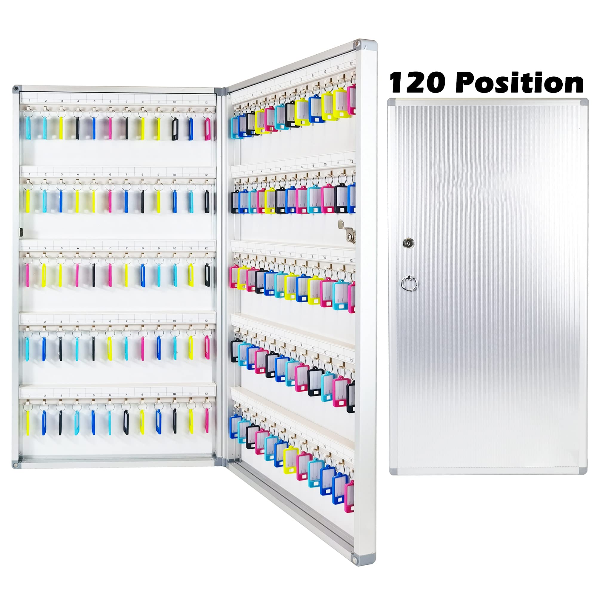 Prolee 72/96/120 Position Wall Mount Key Organizer Box with Key Tags & Hooks - Durable Aluminum Body with Pre-Drilled Holes (120 Position) - Perfect for Home, Office, Hotel & Gym Key Management