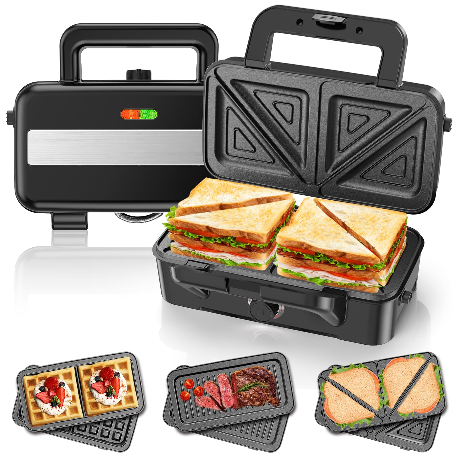 1200W 3-in-1 Sandwich & Waffle Maker with Adjustable Temperature Control, Removable Non-Stick Plates - Perfect for Panini, Grilled Cheese & Breakfast Waffles at Home, Dorm or Office