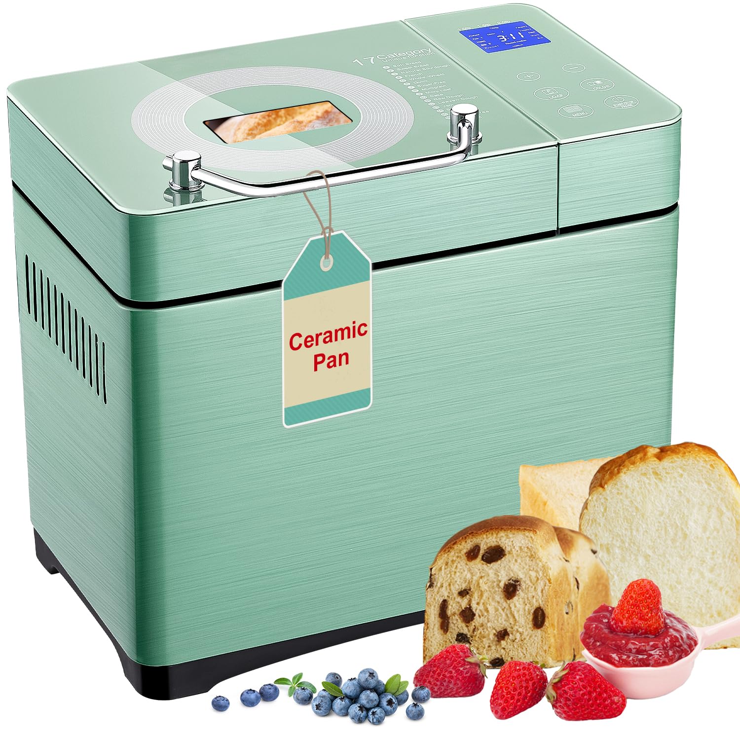 17-in-1 Multifunctional Bread Maker Machine with Dual Heaters - 2.2LB Large Capacity, Non-Stick Ceramic Pan & Auto Fruit Dispenser - Stainless Steel Bread Maker with Touch Panel, 15H Timer & Keep Warm Function - Perfect for Home Baking, Fresh Bread, Gluten-Free & Artisan Loaves