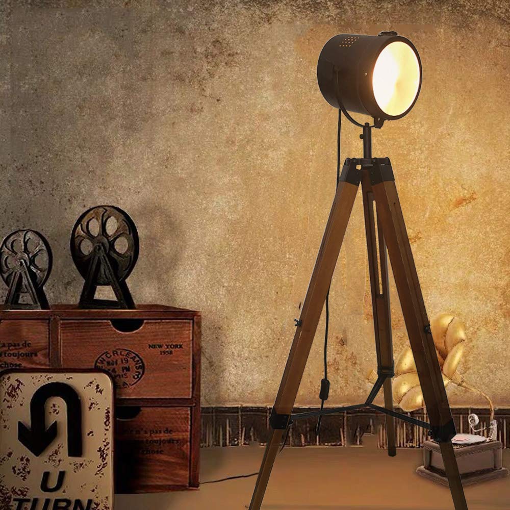 Farmhouse Tripod Floor Lamp - Industrial Adjustable Standing Light with Wooden Legs & Black Metal Spotlight, E26 Fixture for Living Room, Bedroom, Office - Perfect for Reading, Relaxing & Modern Home Decor