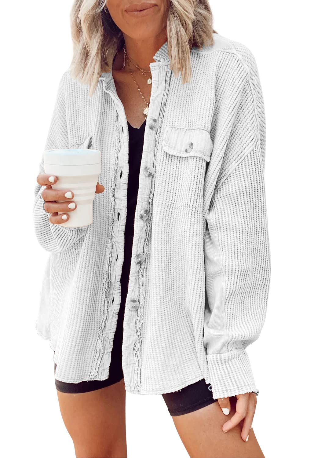 Women's Loose Fit Batwing Sleeve Waffle Knit Button Down Shirt Shacket - Casual Oversized Top for Fall & Winter Layering, Workwear & Street Style Outfits