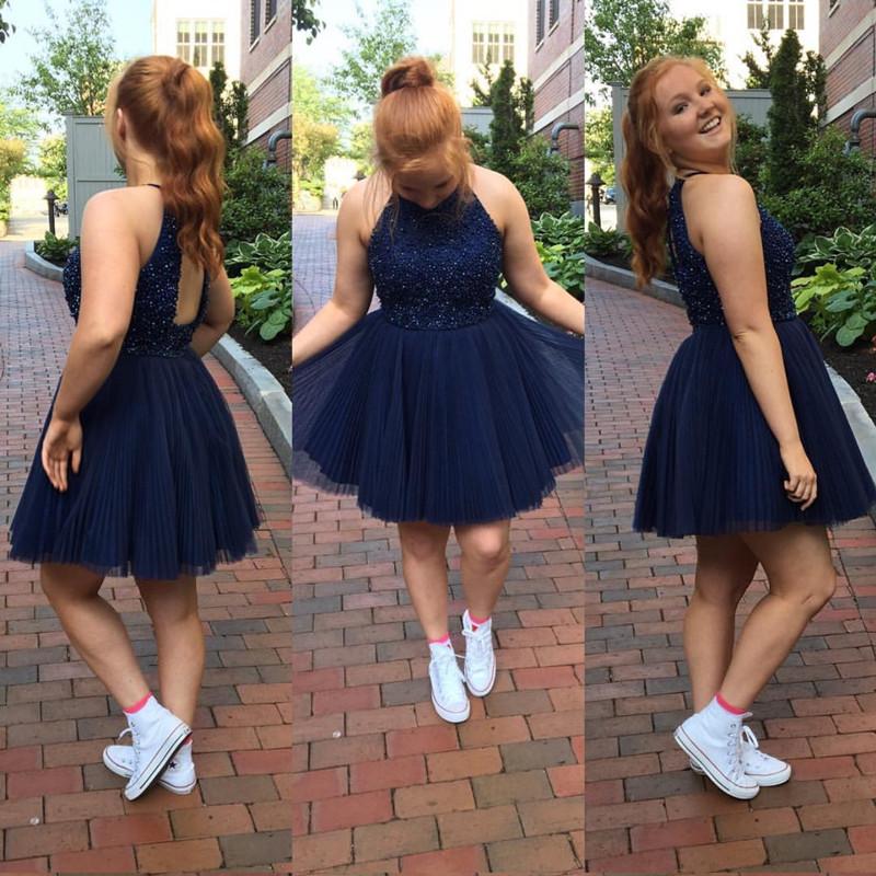 Elegant A-Line Pleated Tulle Halter Homecoming Dress | Short Prom Dress with Keyhole Back | Perfect for Dances, Parties & Special Occasions