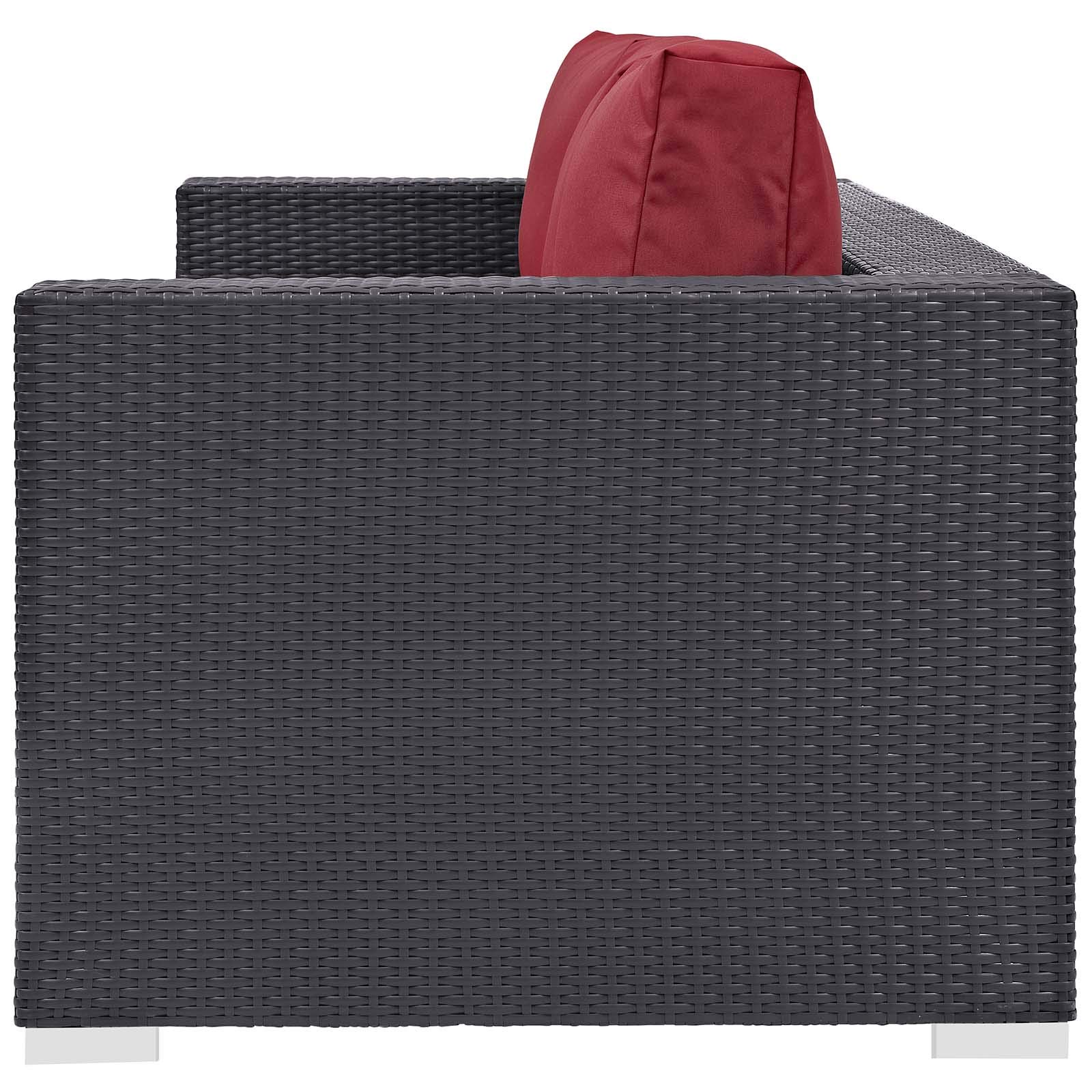 Modern Outdoor Patio Lounge Set - 3-Piece Wicker Sofa, Chair & Coffee Table with Fire Pit - Water-Resistant Fabric Rattan Furniture for Backyard, Garden or Poolside Relaxation