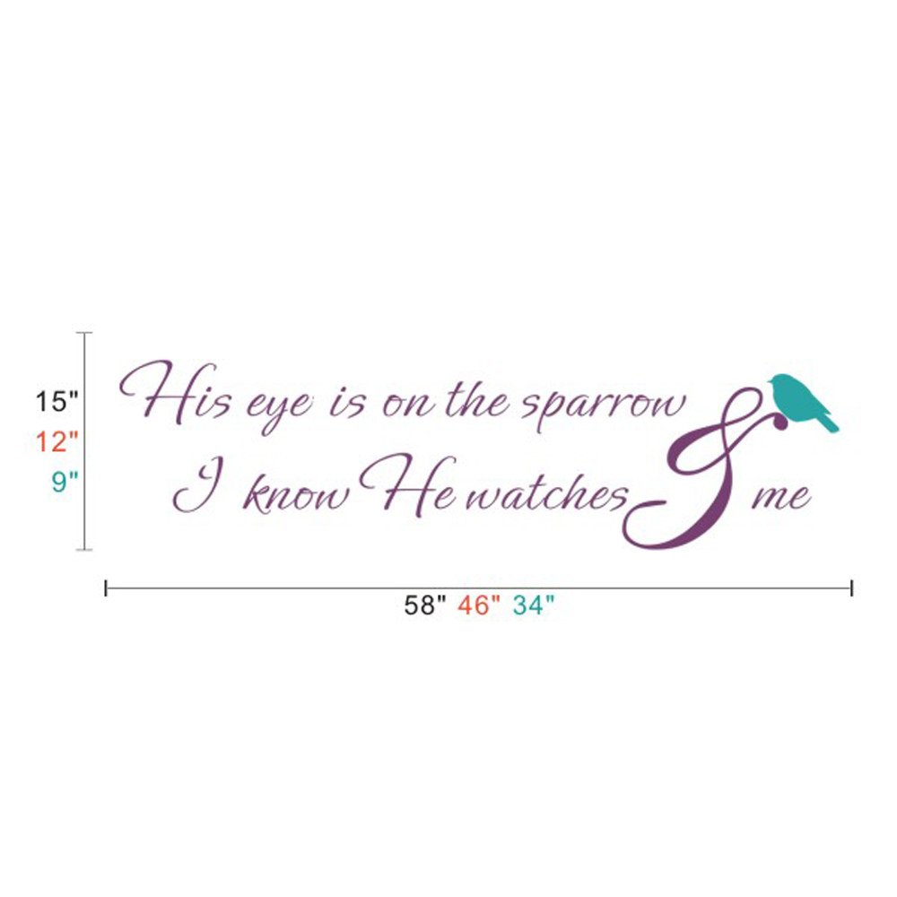 GECKOO Bible Verse Vinyl Wall Decal - 'His Eye is on The Sparrow I Know He Watches Me' Inspirational Quote Sticker (Large Size, Violet Lettering, Teal Sparrow Design) - Perfect for Bedroom, Living Room & Office Decor
