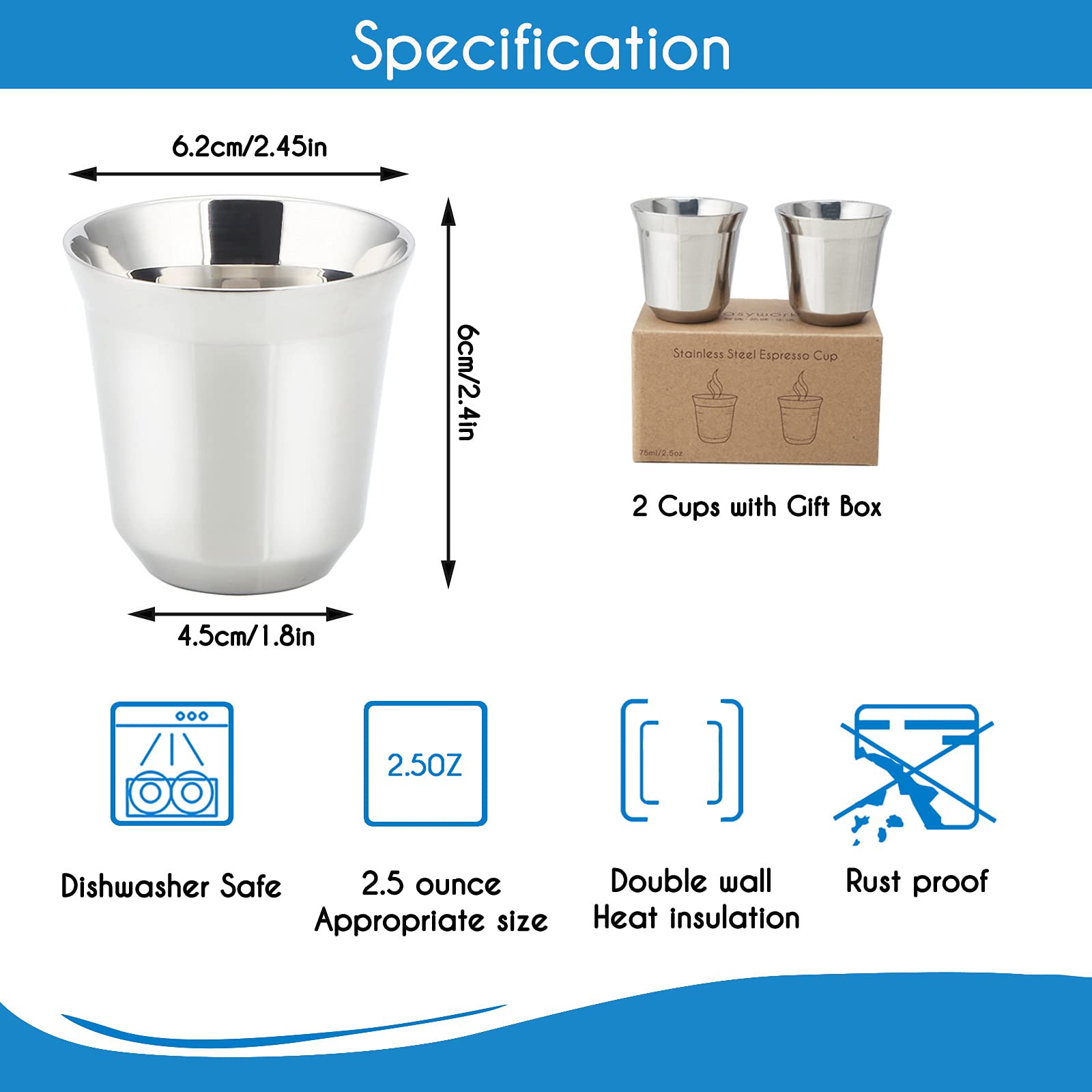 Easyworkz Pedro Stovetop Espresso Maker with 2 Stainless Steel Double Wall Insulated Demitasse Cups - Italian Coffee Maker for Home, Camping & Travel | Perfect Gift for Coffee Lovers