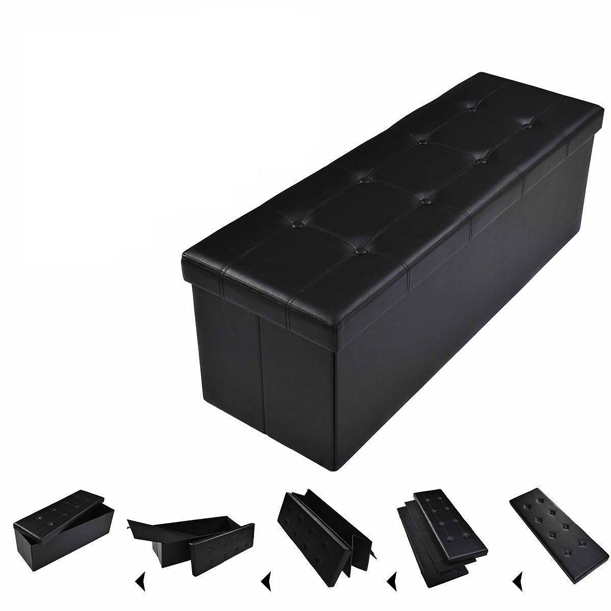 Black Faux Leather Storage Ottoman with Lid - Foldable Footrest Stool for Living Room, Bedroom - Perfect for Storing Blankets, Toys, Books & Home Accessories - Multipurpose Furniture for Extra Seating & Organization