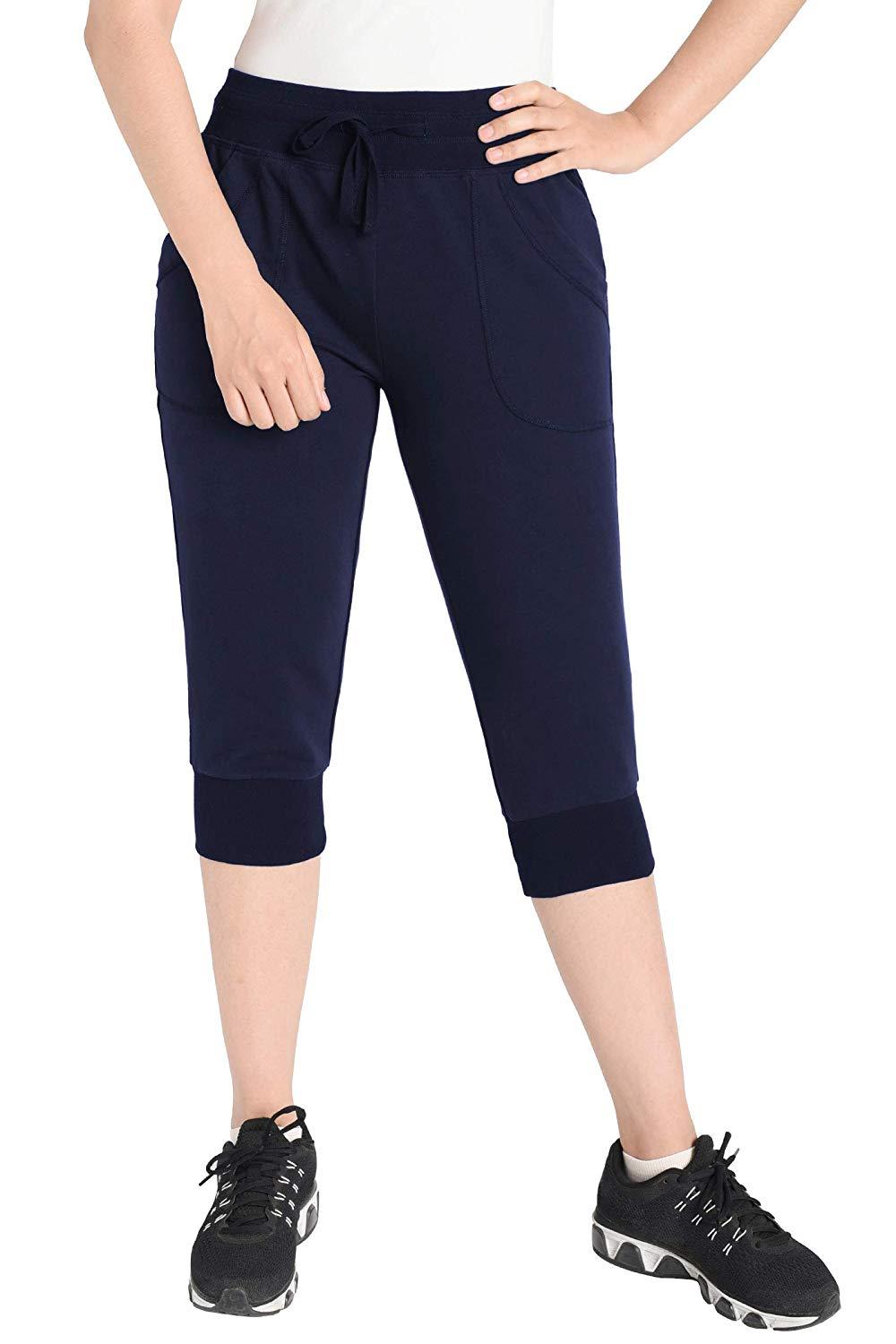 Women's Cotton Sweatpants with Pockets - Soft Jersey Capri Pants for Yoga, Lounge & Casual Wear - Comfortable Elastic Waist Joggers for Women