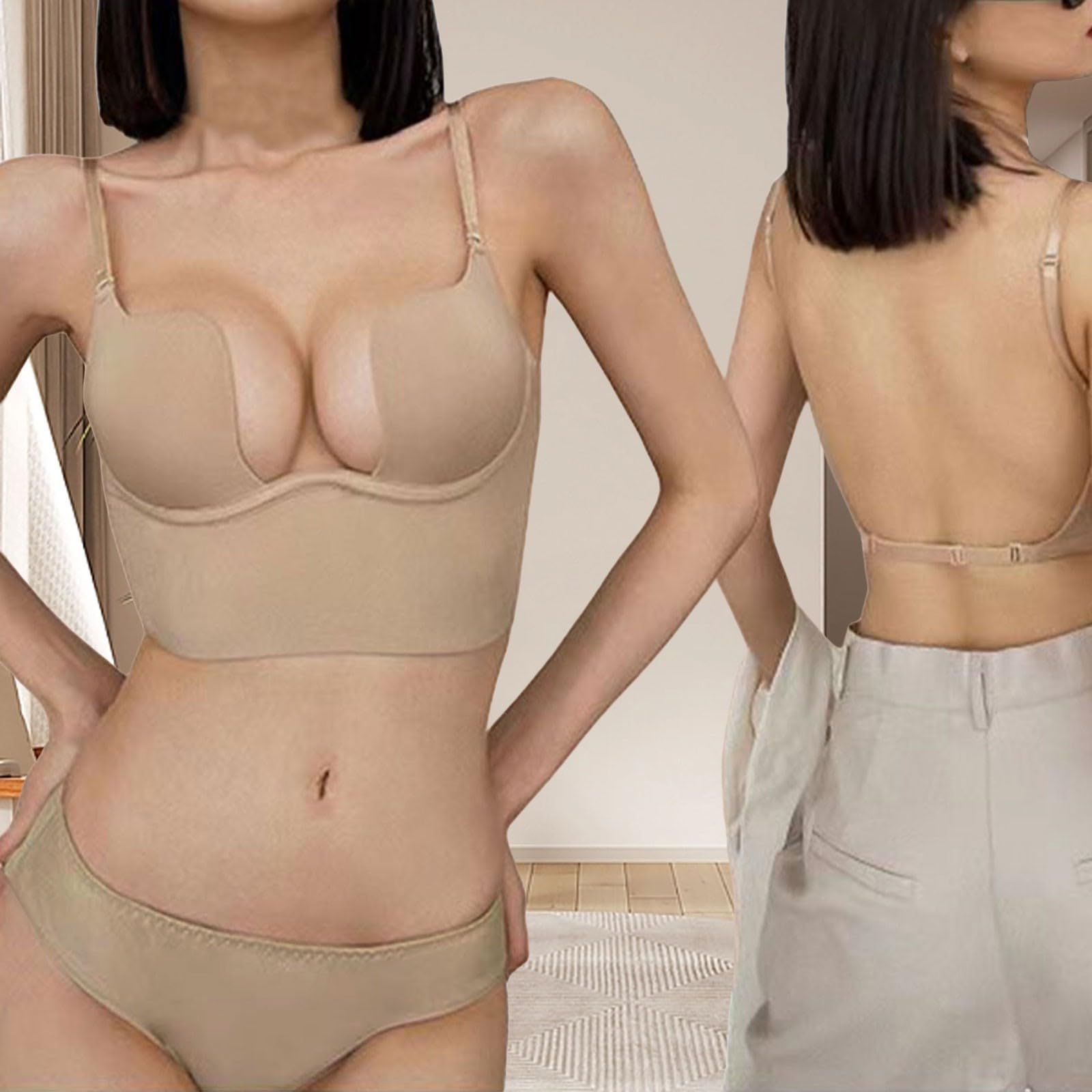 Wireless Push Up Bra for Women - Deep Plunge Low Cut U Shape Backless Bra with Convertible Straps - Comfortable T-Shirt Bra for Everyday Wear & Special Occasions
