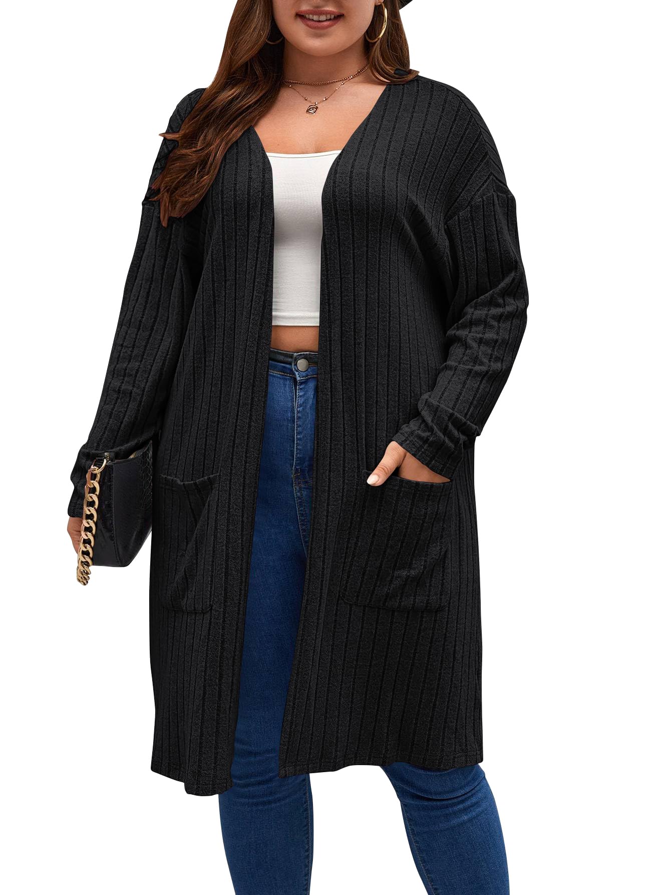 Gemulate Women's Lightweight Long Sleeve Open Front Knit Cardigan with Pockets - Black, Size 2XL | UK Sizing | Perfect for Office Wear, Casual Outfits & Layering in Fall/Winter