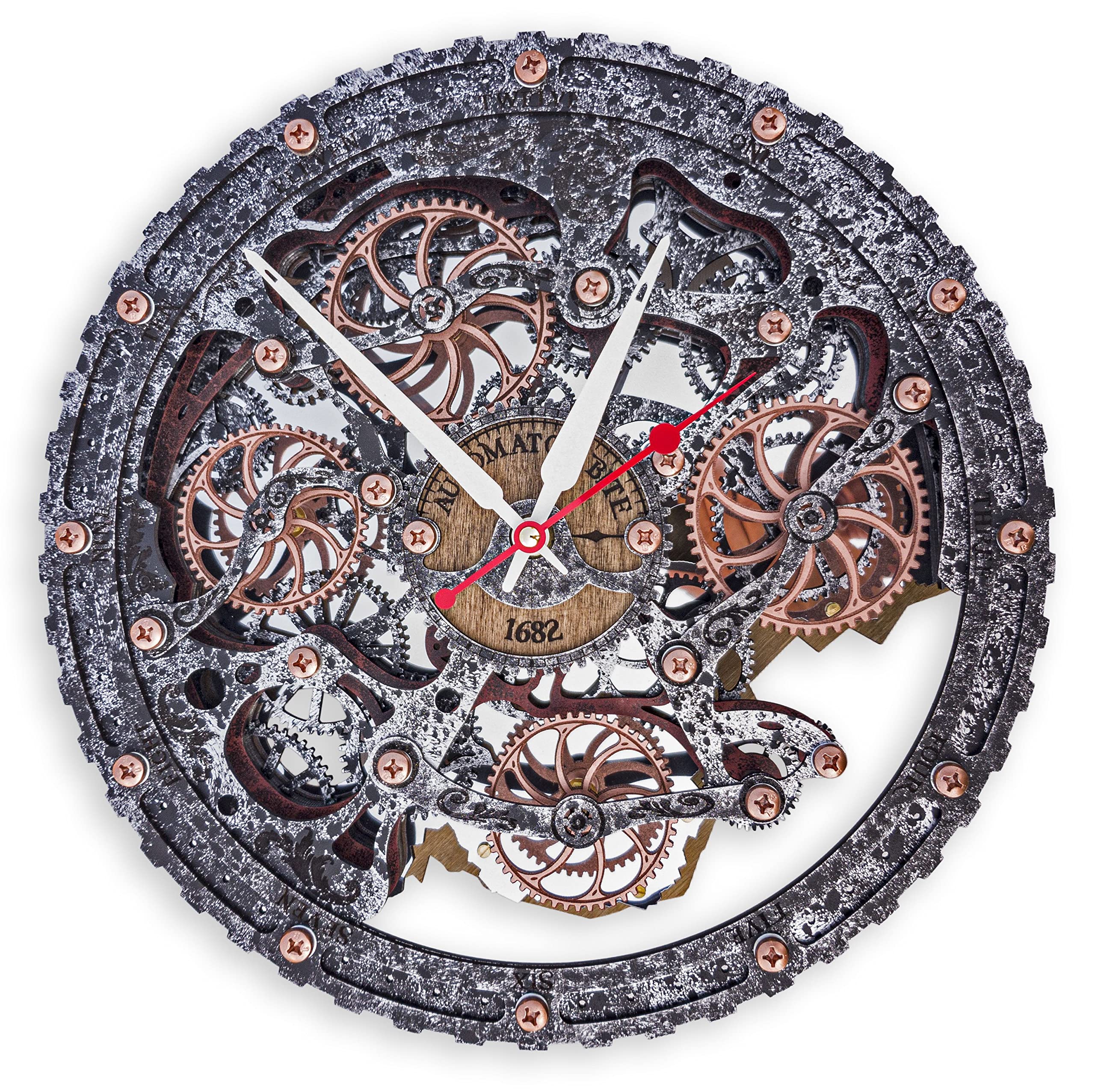 Automaton Bite 1682 Steampunk Wall Clock - Unique Metal-Jacket Moving Gears Kinetic Circle Clock for Home & Office Decor | Perfect for Industrial Loft, Vintage Bedroom & Steampunk Themed Spaces