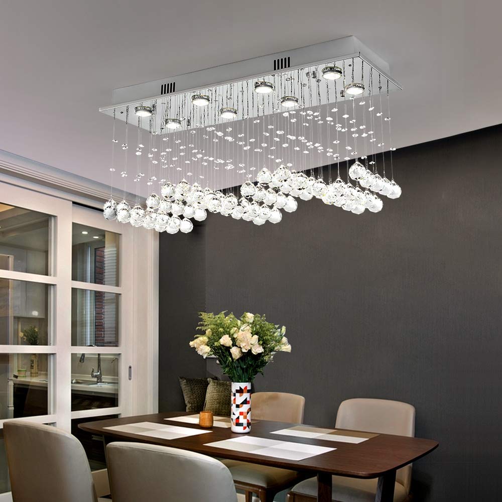 Maxax 8-Light Rectangle Crystal Raindrop Chandelier - Modern Flush Mount Ceiling Light Fixture with K9 Clear Crystals for Living Room, Bedroom, Dining Room & Kitchen Island - Elegant Home Lighting for Weddings, Restaurants and Luxury Spaces