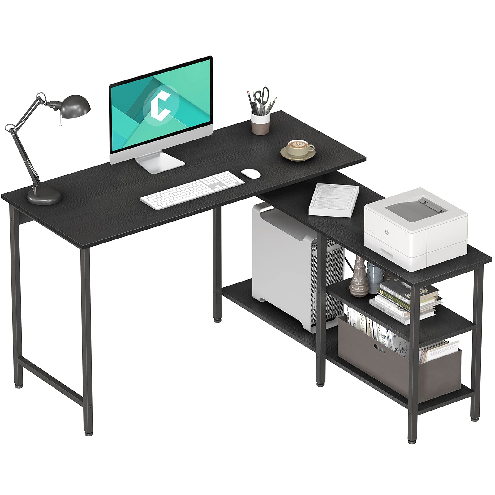 Cubicubi L-Shaped Computer Desk with Storage Shelves - Corner Home Office Writing Desk, Black | Space-Saving Design for Small Rooms & Gaming Setups